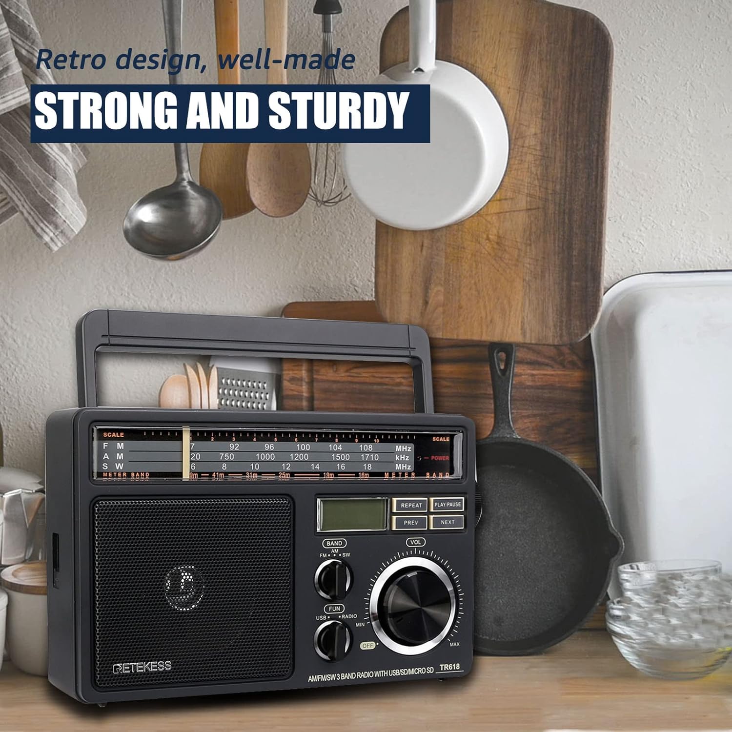 Retekess TR618 Portable Radio, FM AM Shortwave SW, Vintage, Analogue, Battery Powered, USB SD TF Card, Headphone Jack, Construction Site, for the Elderly