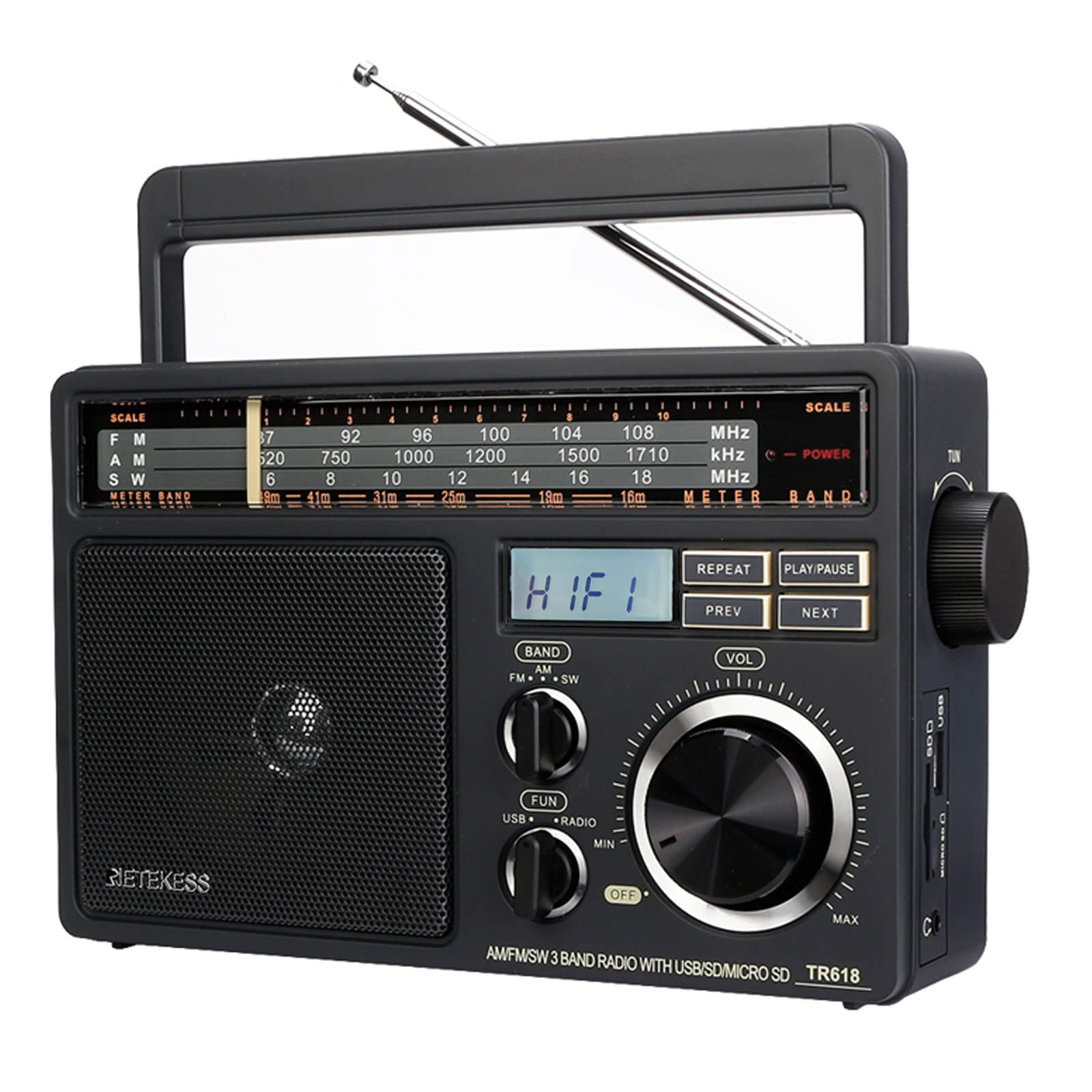 Retekess TR618 Portable Radio, FM AM Shortwave SW, Vintage, Analogue, Battery Powered, USB SD TF Card, Headphone Jack, Construction Site, for the Elderly