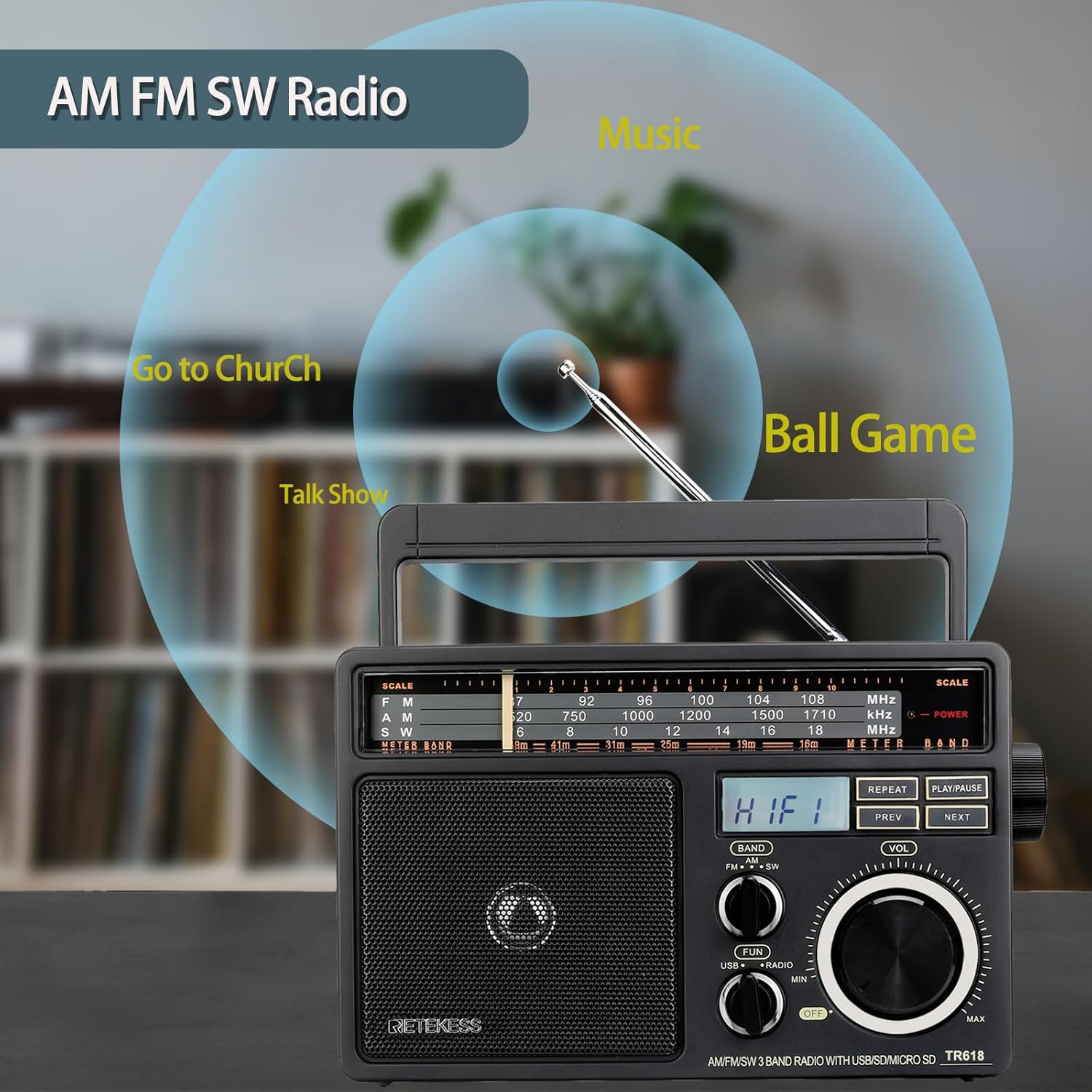 Retekess TR618 Portable Radio, FM AM Shortwave SW, Vintage, Analogue, Battery Powered, USB SD TF Card, Headphone Jack, Construction Site, for the Elderly