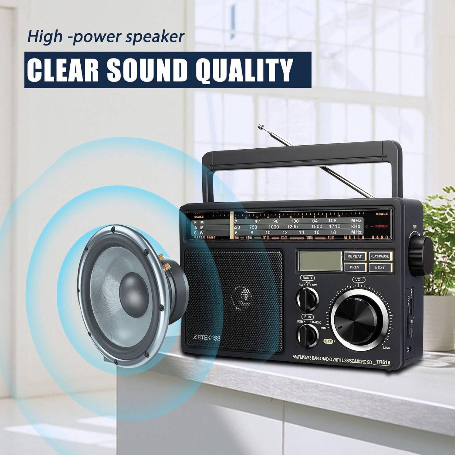 Retekess TR618 Portable Radio, FM AM Shortwave SW, Vintage, Analogue, Battery Powered, USB SD TF Card, Headphone Jack, Construction Site, for the Elderly