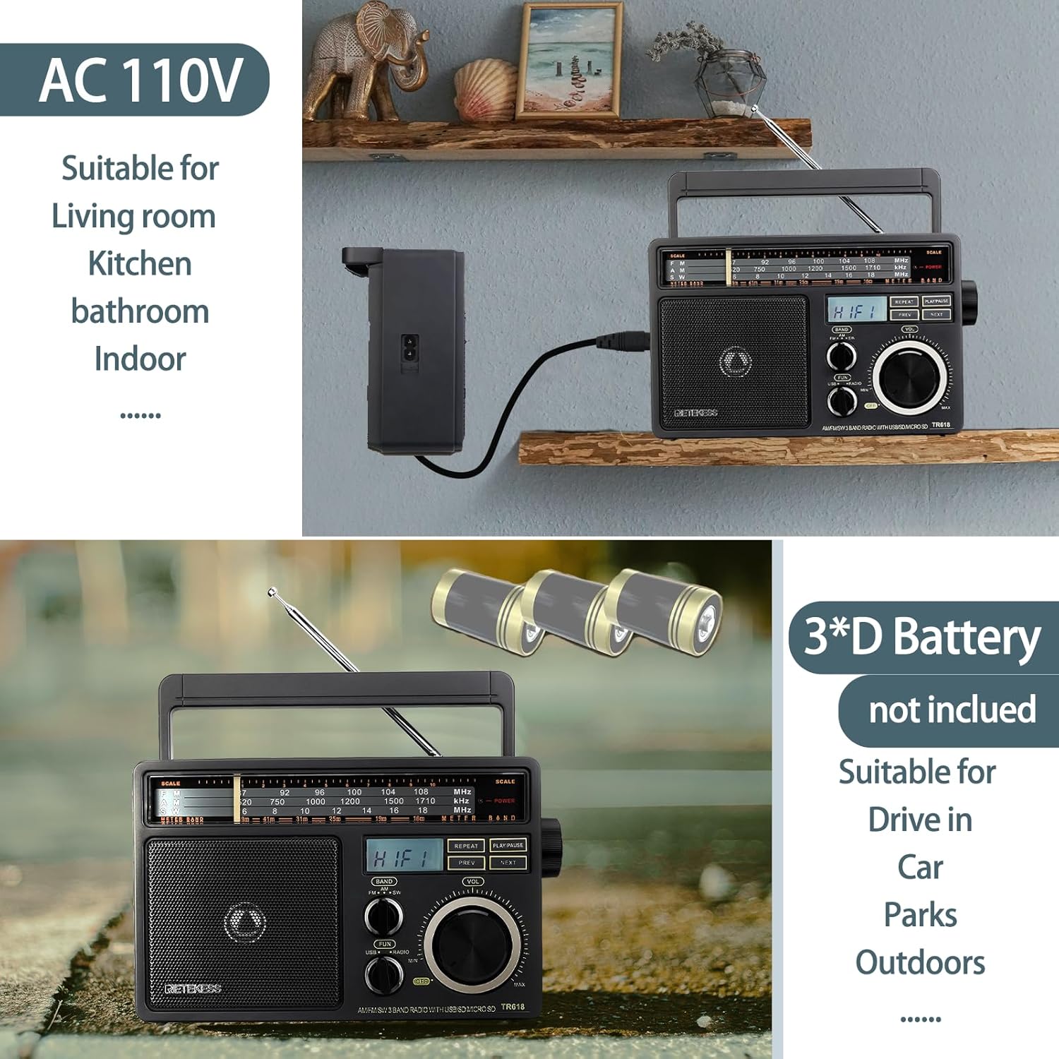 Retekess TR618 Portable Radio, FM AM Shortwave SW, Vintage, Analogue, Battery Powered, USB SD TF Card, Headphone Jack, Construction Site, for the Elderly