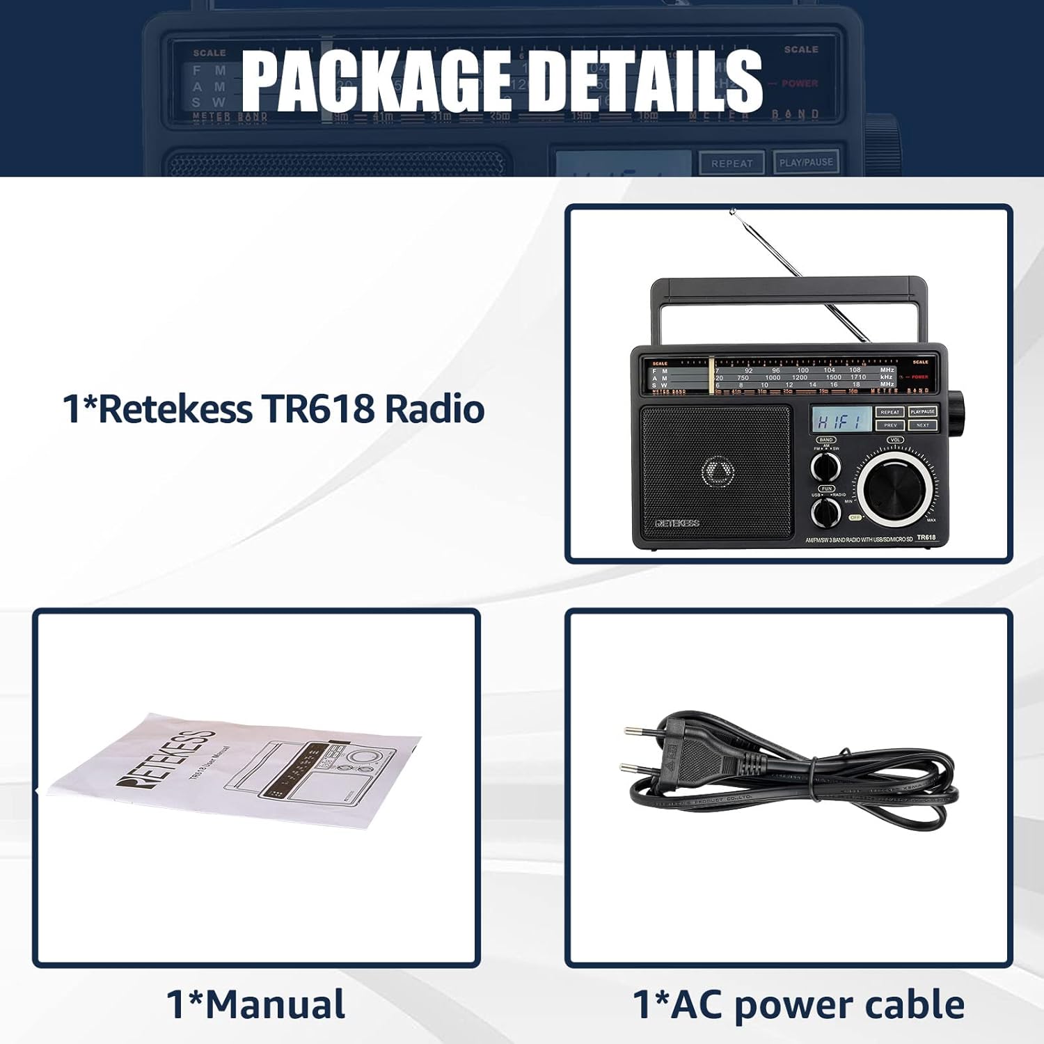 Retekess TR618 Portable Radio, FM AM Shortwave SW, Vintage, Analogue, Battery Powered, USB SD TF Card, Headphone Jack, Construction Site, for the Elderly