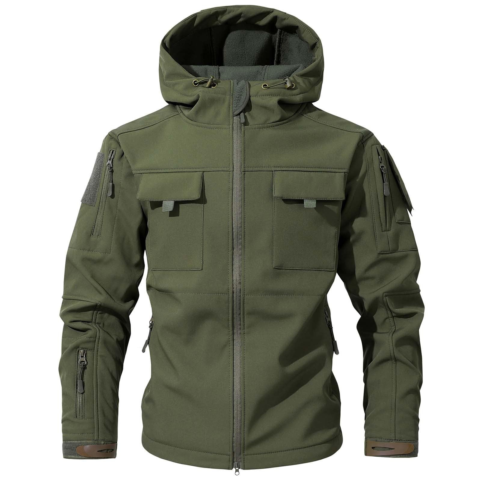 RUMAOZIA Men's Military Softshell Jacket Warm Fleece Windbreaker Zip Up Hooded Work Jacket Softshell Jacket Between Seasons Jacket for Work Fishing Hunting OR Army Green XXL