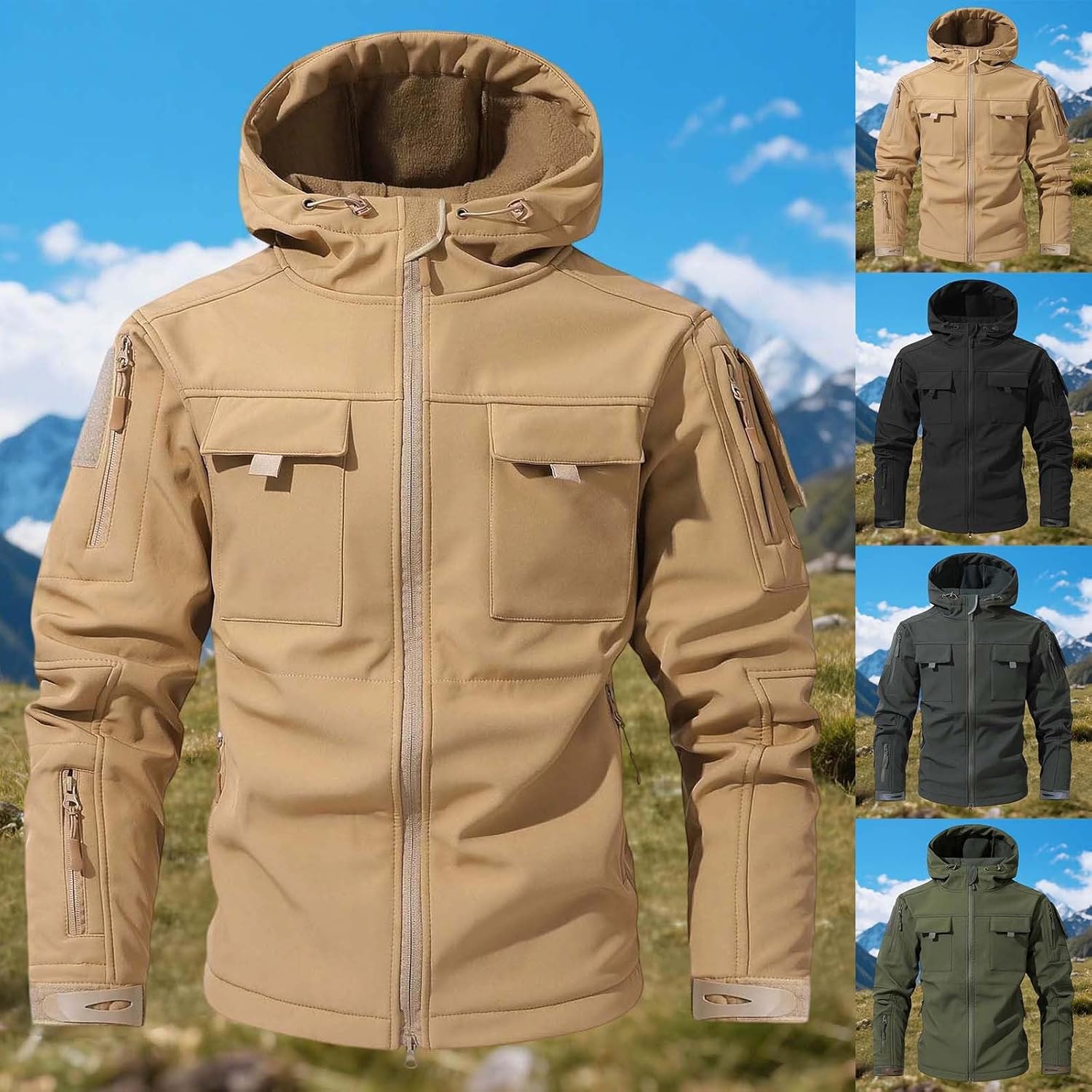 RUMAOZIA Men's Military Softshell Jacket Warm Fleece Windbreaker Zip Up Hooded Work Jacket Softshell Jacket Between Seasons Jacket for Work Fishing Hunting OR Army Green XXL