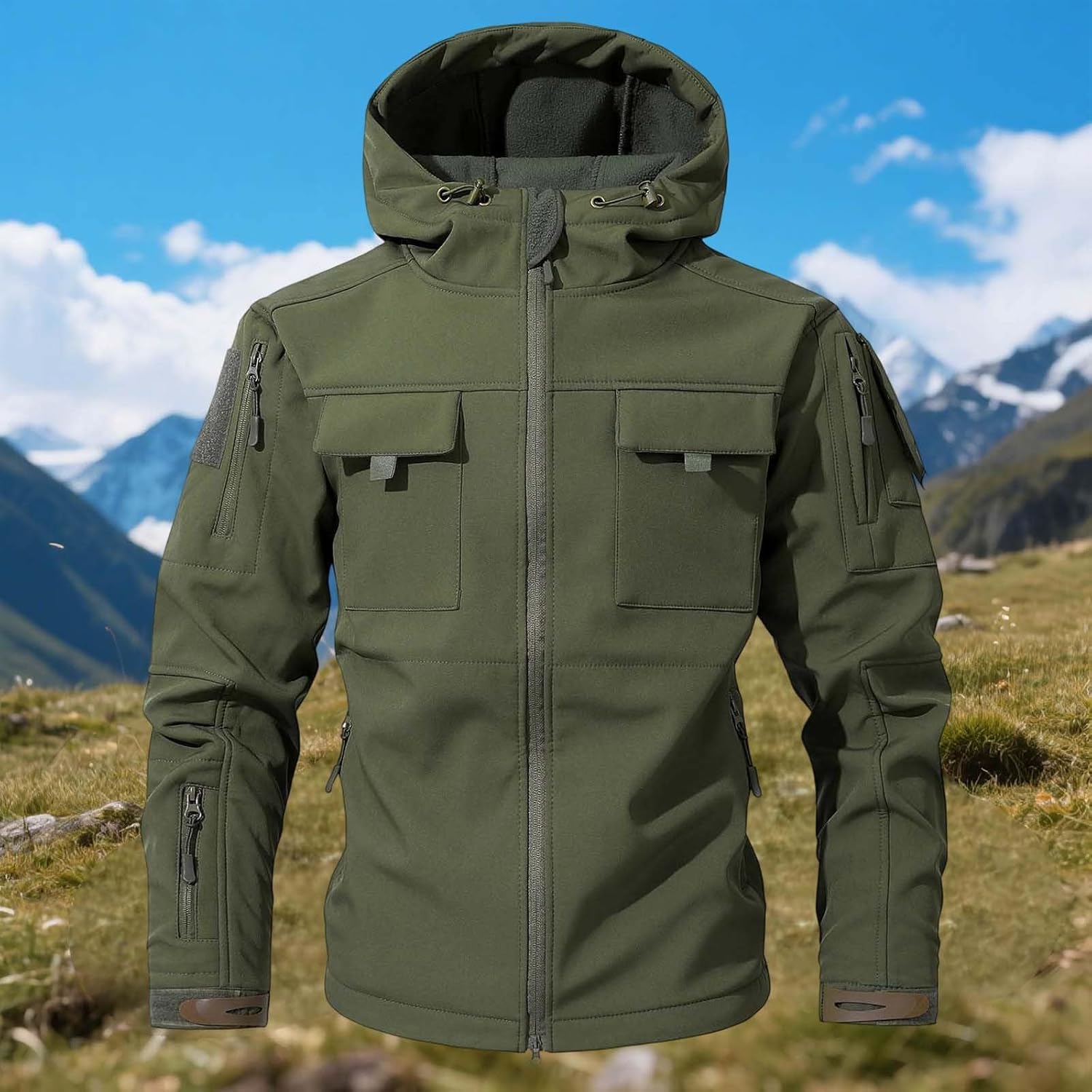 RUMAOZIA Men's Military Softshell Jacket Warm Fleece Windbreaker Zip Up Hooded Work Jacket Softshell Jacket Between Seasons Jacket for Work Fishing Hunting OR Army Green XXL