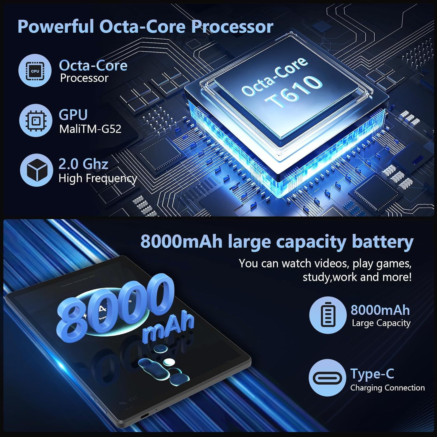 Rushar Newest Tablet 10.4 inches Android 14, tablet on offer 36GB RAM+256GB ROM (TF 1TB), 4G LTE+5G WiFi, IPS 2K HD, Octa-Core 2.0GHz, 13mp+8mp, 8000mAh, Bluetooth, tablet with keyboard etc, black Black-256g