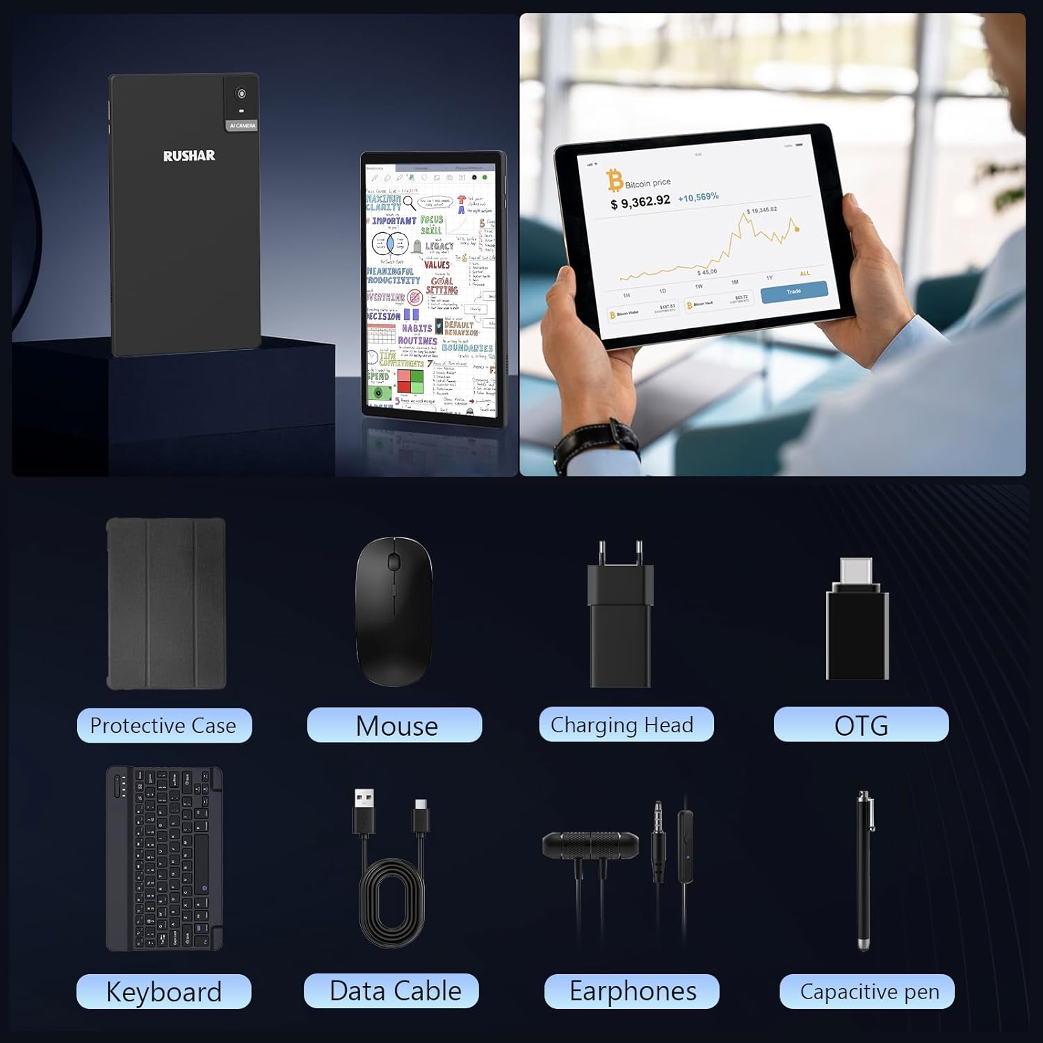 Rushar Newest Tablet 10.4 inches Android 14, tablet on offer 36GB RAM+256GB ROM (TF 1TB), 4G LTE+5G WiFi, IPS 2K HD, Octa-Core 2.0GHz, 13mp+8mp, 8000mAh, Bluetooth, tablet with keyboard etc, black Black-256g