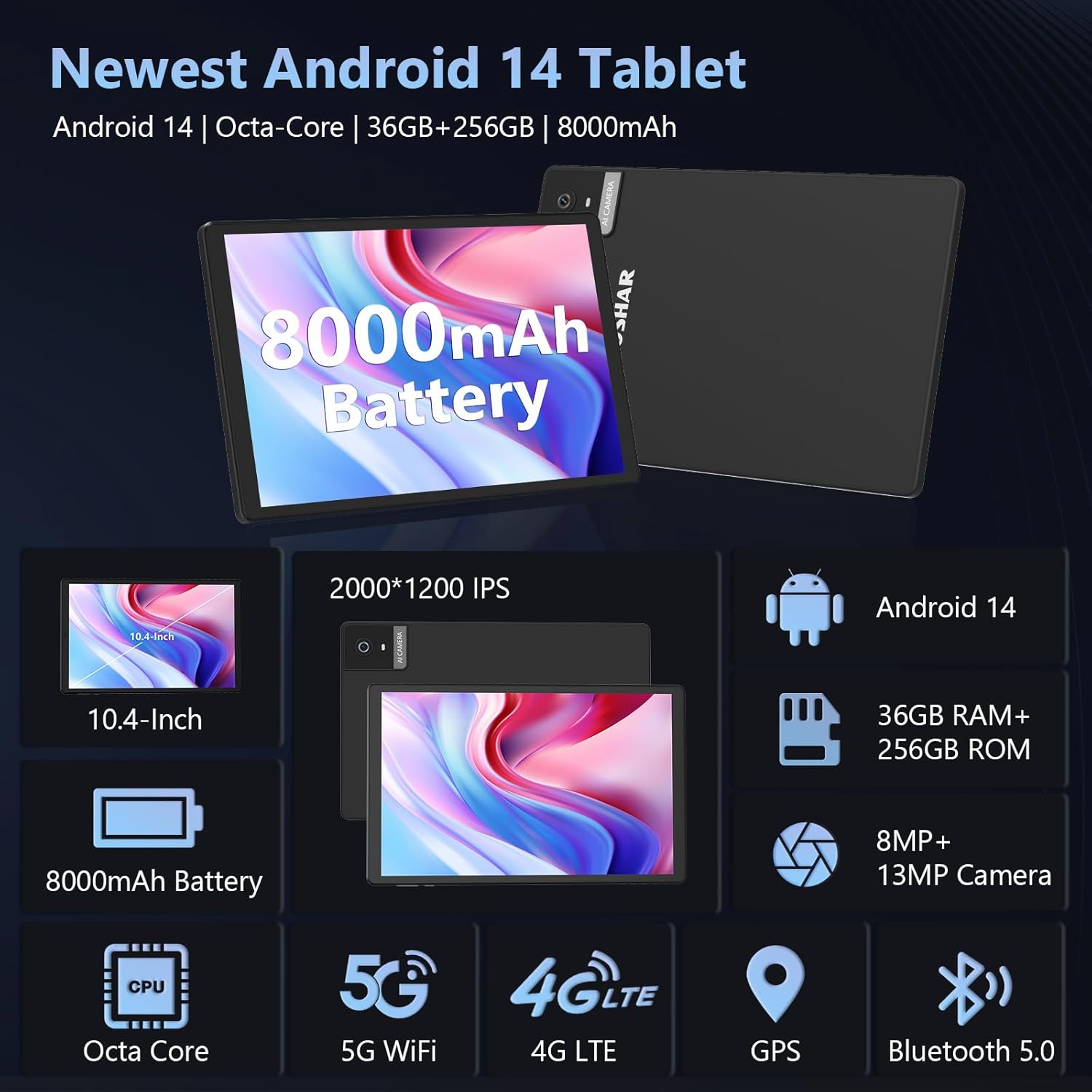 Rushar Newest Tablet 10.4 inches Android 14, tablet on offer 36GB RAM+256GB ROM (TF 1TB), 4G LTE+5G WiFi, IPS 2K HD, Octa-Core 2.0GHz, 13mp+8mp, 8000mAh, Bluetooth, tablet with keyboard etc, black Black-256g