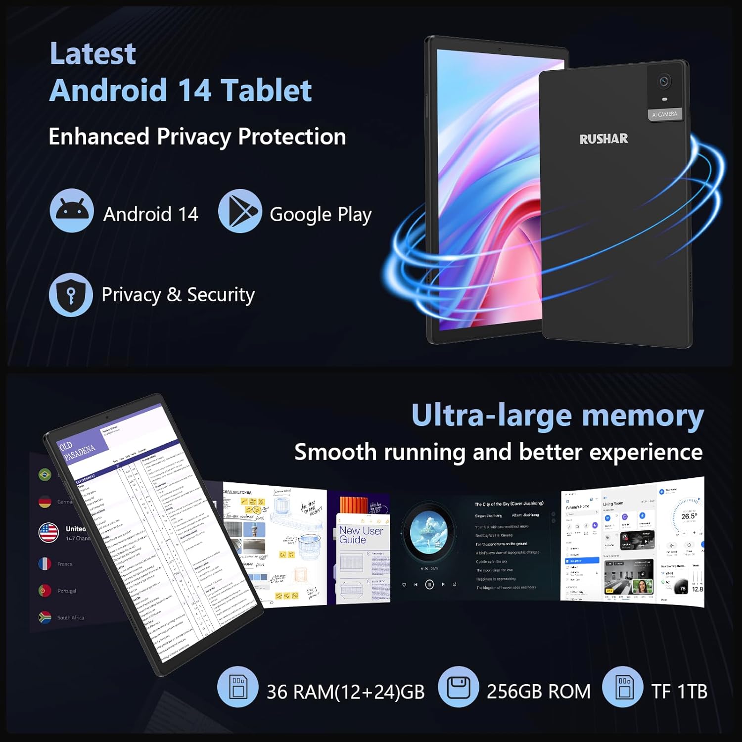 Rushar Newest Tablet 10.4 inches Android 14, tablet on offer 36GB RAM+256GB ROM (TF 1TB), 4G LTE+5G WiFi, IPS 2K HD, Octa-Core 2.0GHz, 13mp+8mp, 8000mAh, Bluetooth, tablet with keyboard etc, black Black-256g
