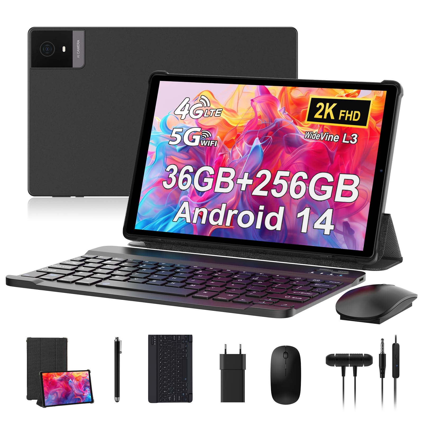 Rushar Newest Tablet 10.4 inches Android 14, tablet on offer 36GB RAM+256GB ROM (TF 1TB), 4G LTE+5G WiFi, IPS 2K HD, Octa-Core 2.0GHz, 13mp+8mp, 8000mAh, Bluetooth, tablet with keyboard etc, black Black-256g