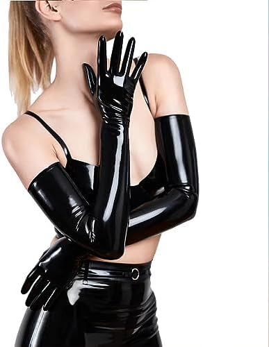Schwarze Lange Latex Handschuhe für Women and Herren,Wet Look Handschuhe aus Naturkautschuk Cosplay Kostüm Party Clubwear