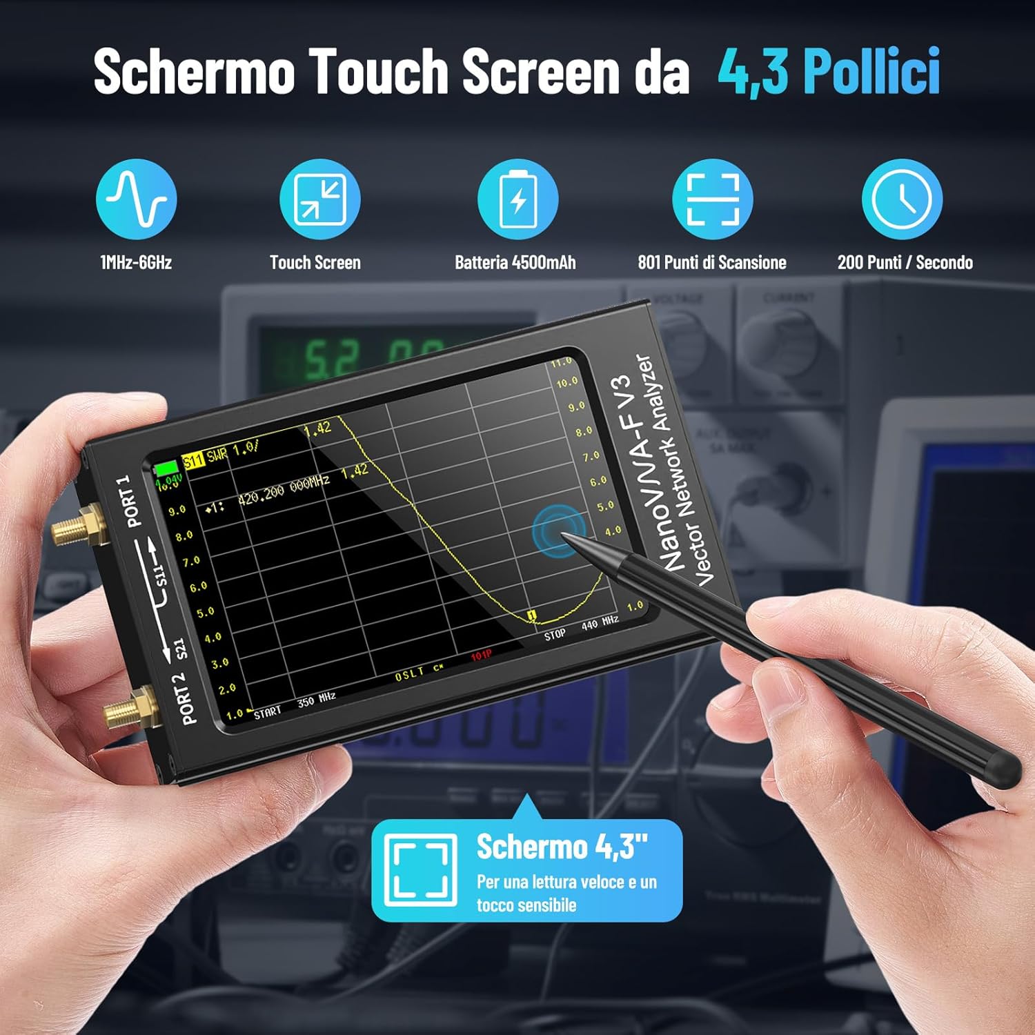 Seesii NanoVNA-F V3 Antenna Analyzer, 4.3 Inch Vector Network Analyzer 1MHz-6GHz HF VHF UHF for S-Parameters Voltage, SWR, Phase, Delay, Smith Diagram