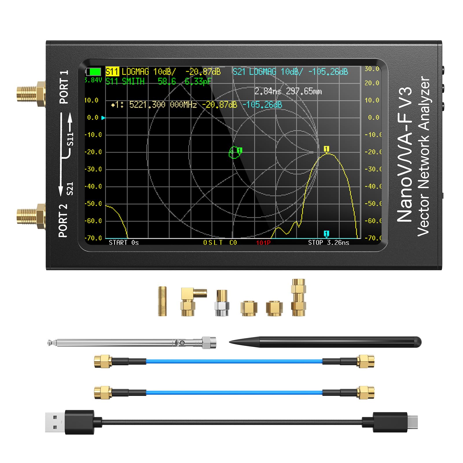 Seesii NanoVNA-F V3 Antenna Analyzer, 4.3 Inch Vector Network Analyzer 1MHz-6GHz HF VHF UHF for S-Parameters Voltage, SWR, Phase, Delay, Smith Diagram
