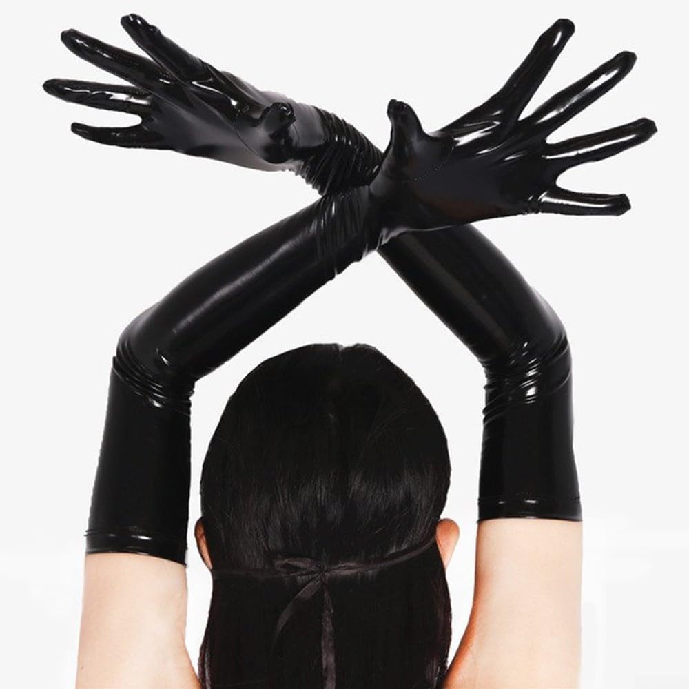 Shiny Black PVC Long Gloves for Costume Shows and Clubs, Full Arm Length with Material, Suitable for Stage and Dance XL Black