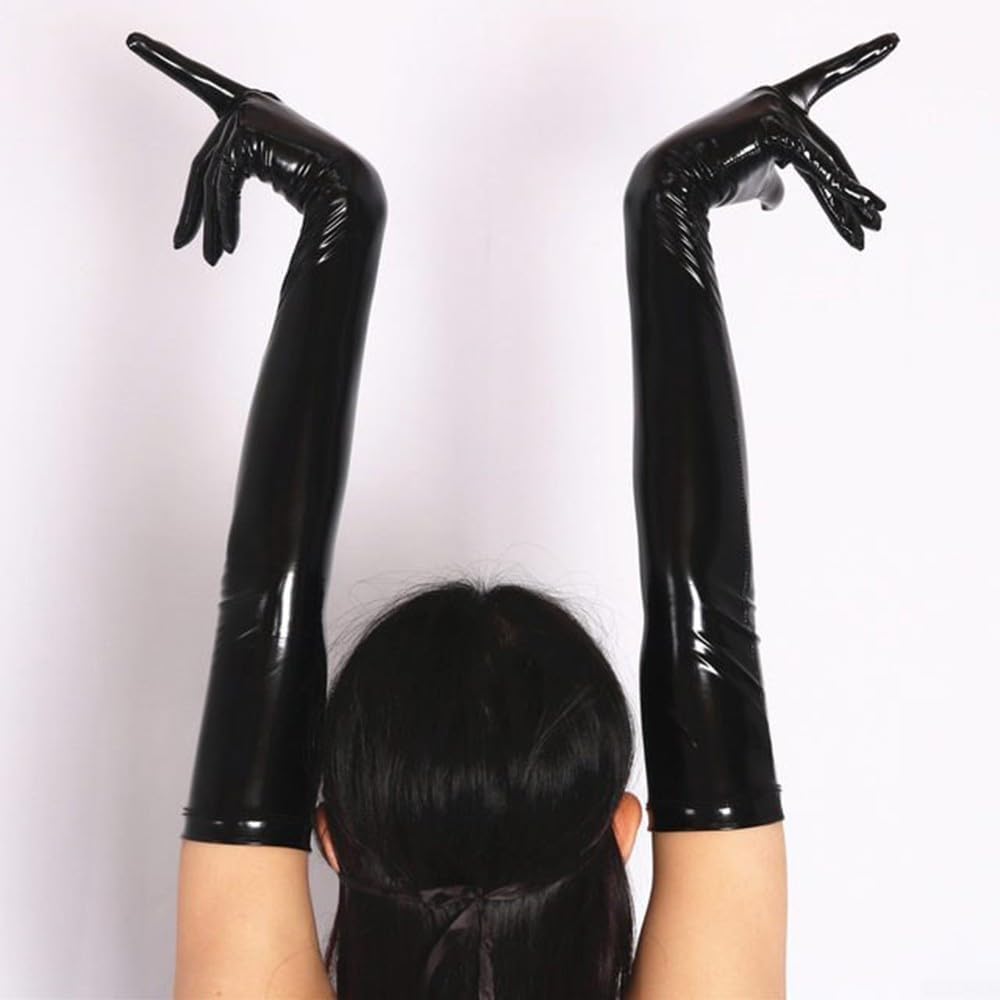 Shiny Black PVC Long Gloves for Costume Shows and Clubs, Full Arm Length with Material, Suitable for Stage and Dance XL Black
