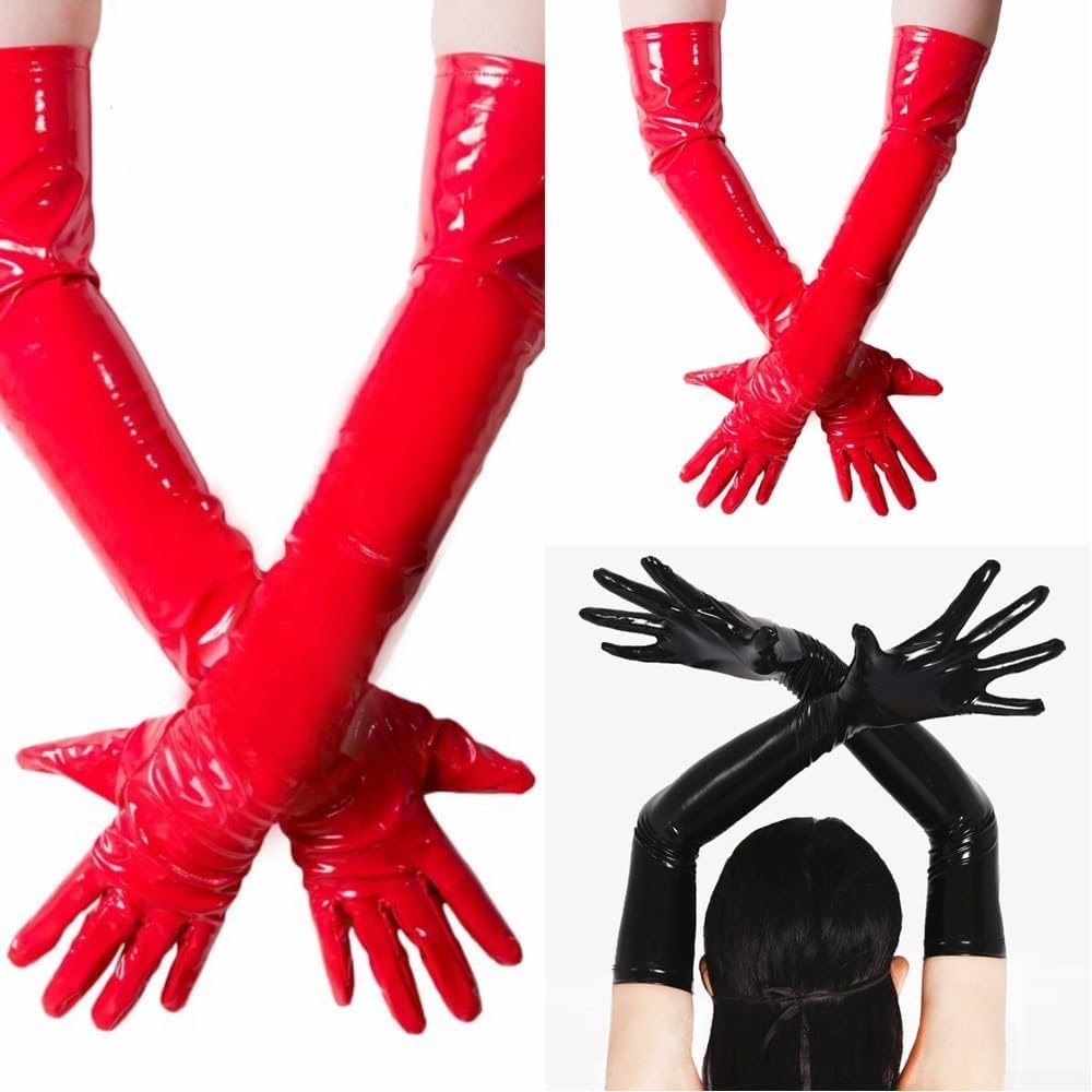 Shiny Black PVC Long Gloves for Costume Shows and Clubs, Full Arm Length with Material, Suitable for Stage and Dance XL Black