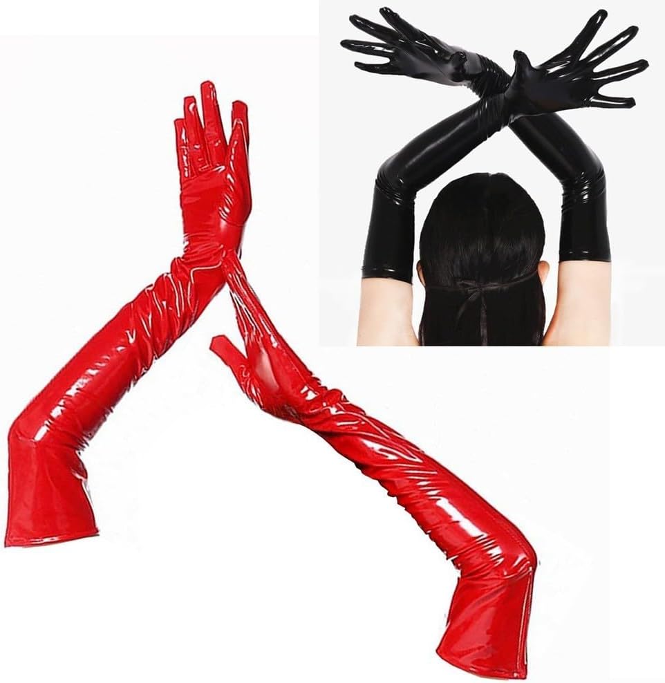 Shiny Black PVC Long Gloves for Costume Shows and Clubs, Full Arm Length with Material, Suitable for Stage and Dance XL Black