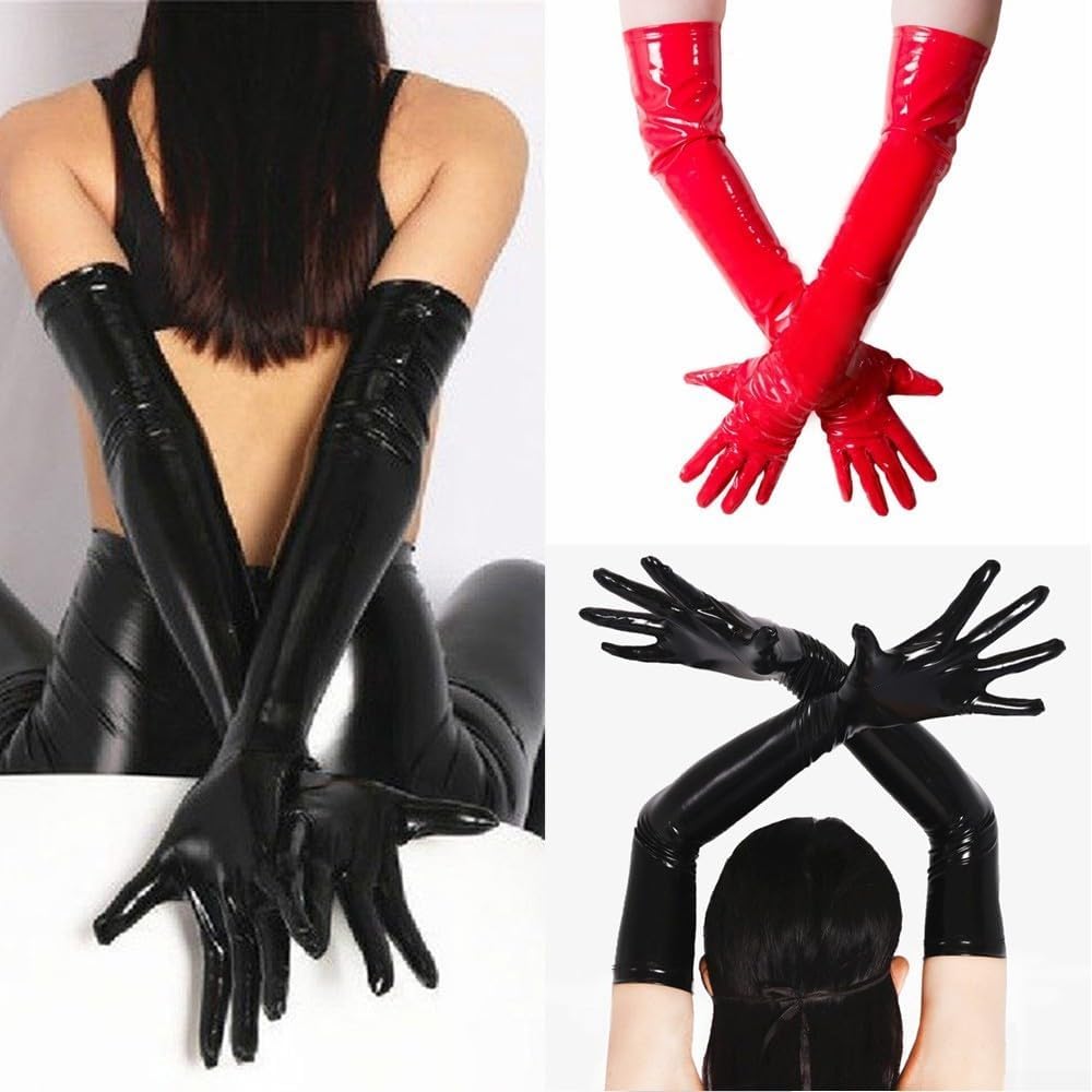 Shiny Black PVC Long Gloves for Costume Shows and Clubs, Full Arm Length with Material, Suitable for Stage and Dance XL Black