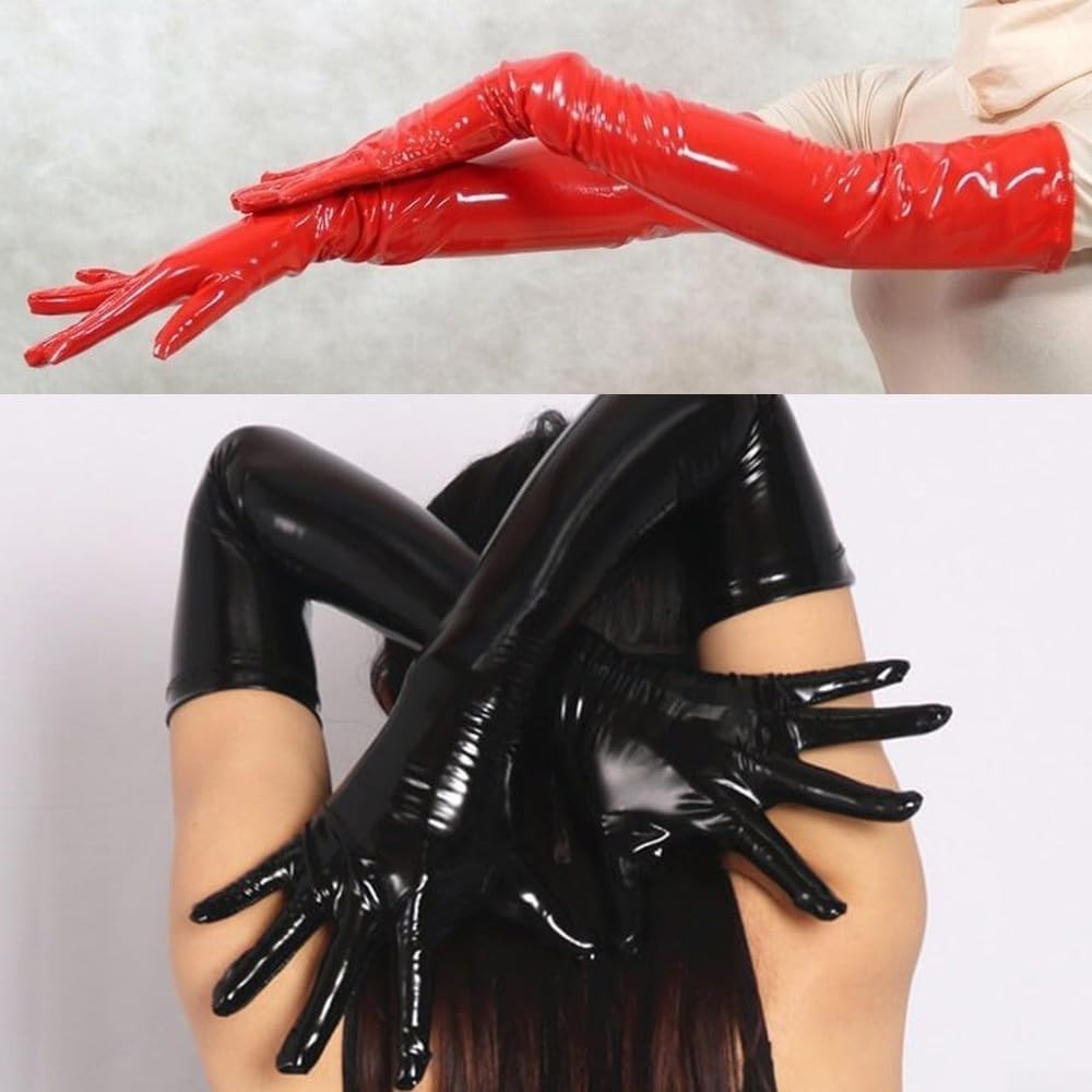 Shiny Black PVC Long Gloves for Costume Shows and Clubs, Full Arm Length with Material, Suitable for Stage and Dance XL Black