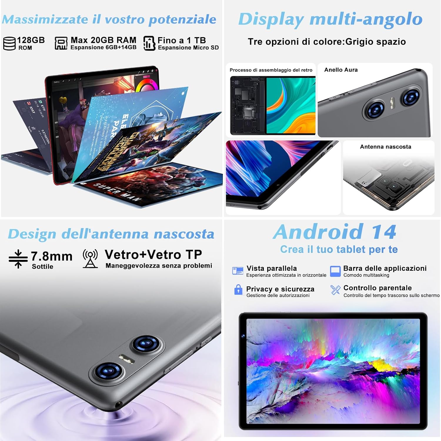 Skyegg 10-inch Android 14, 20 GB RAM + 128 GB ROM (expandable up to 1 TB), Octa-core, 5G Wi-Fi 6, 8mp + 5MP, 6000mAh, Widevine L1, USB-C tablet with keyboard + mouse + custody, gray