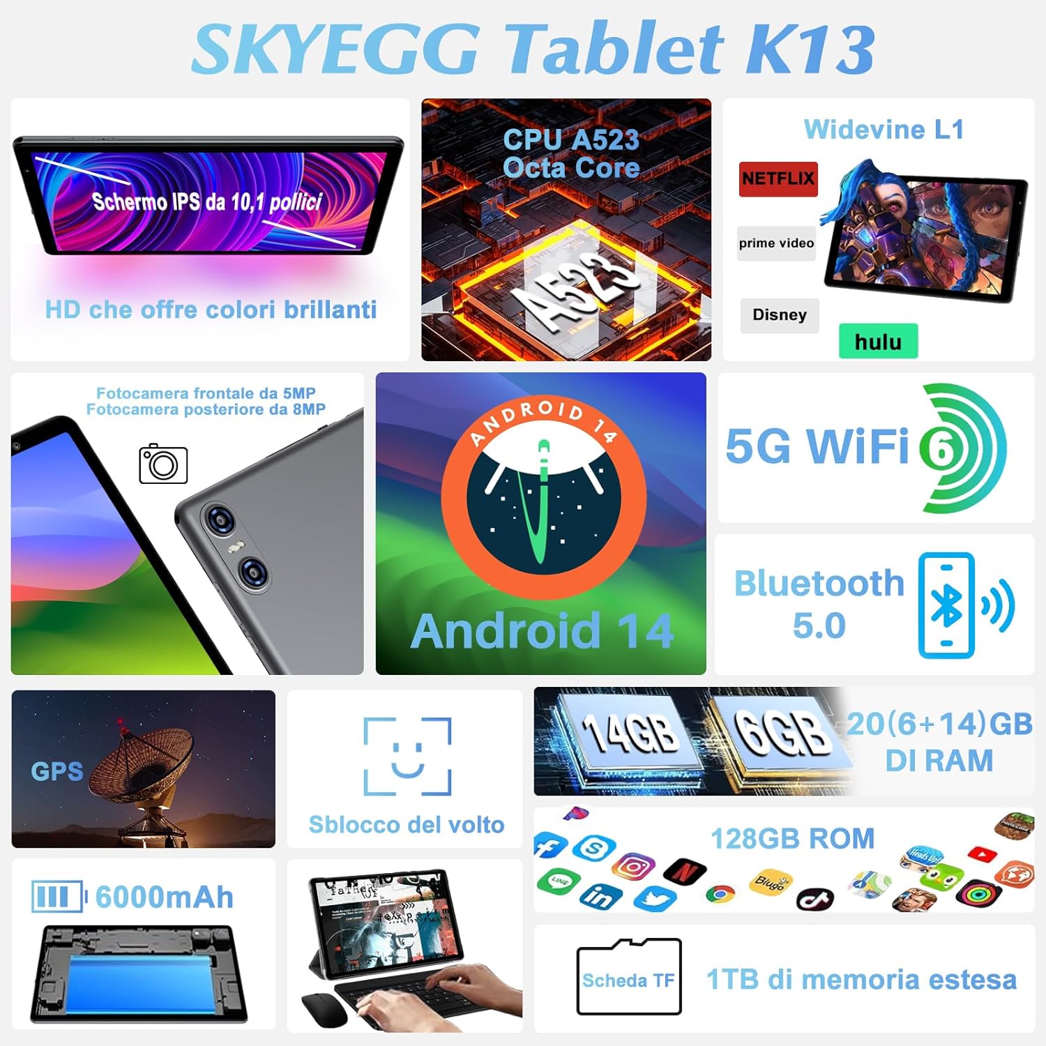Skyegg 10-inch Android 14, 20 GB RAM + 128 GB ROM (expandable up to 1 TB), Octa-core, 5G Wi-Fi 6, 8mp + 5MP, 6000mAh, Widevine L1, USB-C tablet with keyboard + mouse + custody, gray