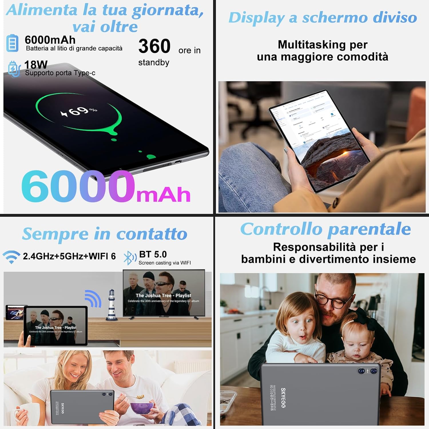 Skyegg 10-inch Android 14, 20 GB RAM + 128 GB ROM (expandable up to 1 TB), Octa-core, 5G Wi-Fi 6, 8mp + 5MP, 6000mAh, Widevine L1, USB-C tablet with keyboard + mouse + custody, gray