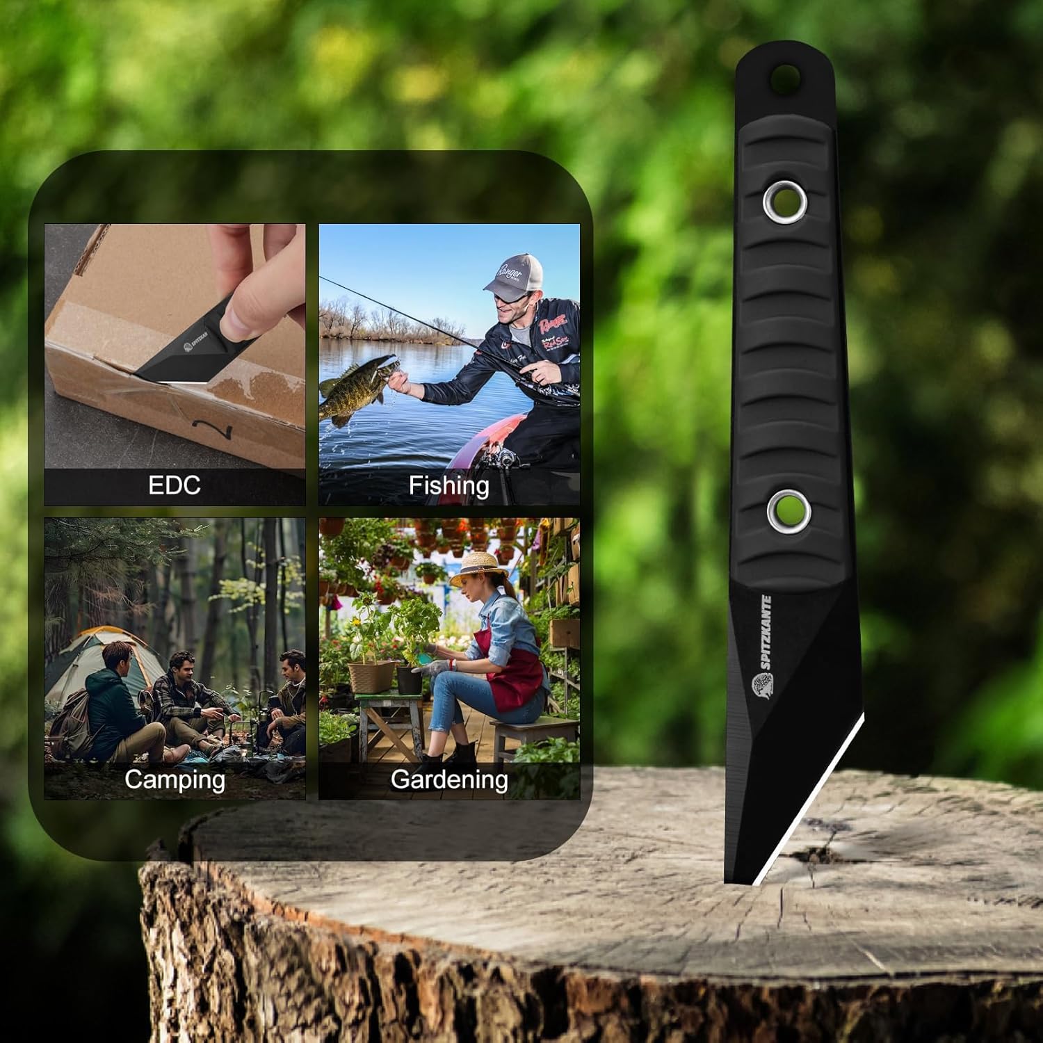 SPITZKANTE Supervivencia Cuchillo, Mini hoja cuchillo da 5,6?cm in maple 5Cr14MoV, with ABS base and string of balls, integral black color A- Integral black