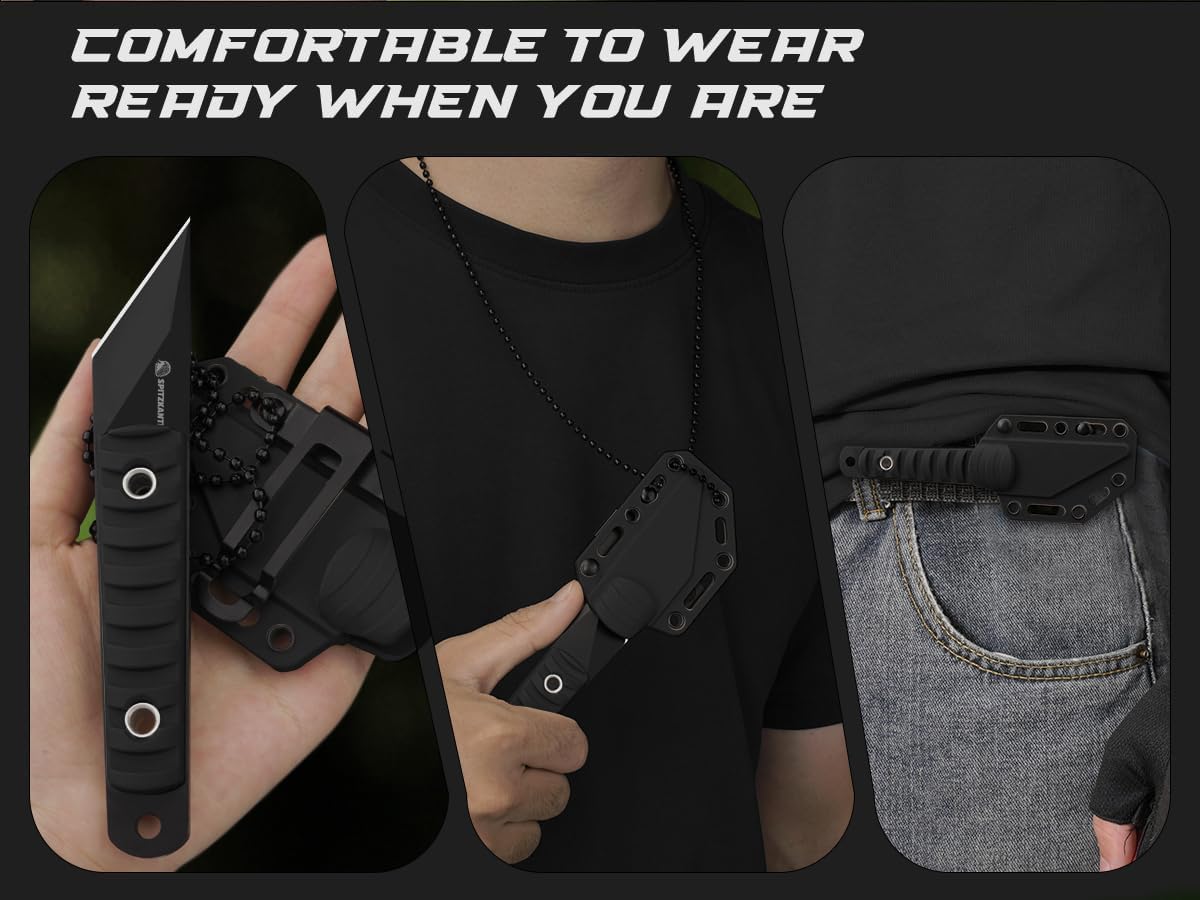 SPITZKANTE Supervivencia Cuchillo, Mini hoja cuchillo da 5,6?cm in maple 5Cr14MoV, with ABS base and string of balls, integral black color A- Integral black