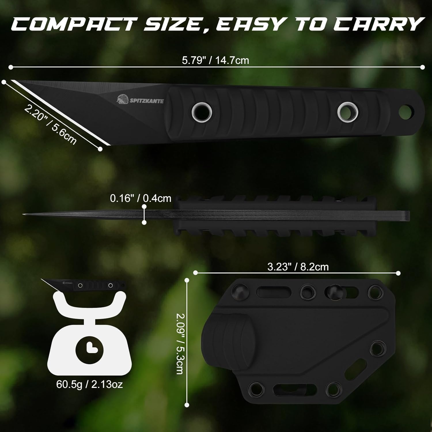 SPITZKANTE Supervivencia Cuchillo, Mini hoja cuchillo da 5,6?cm in maple 5Cr14MoV, with ABS base and string of balls, integral black color A- Integral black