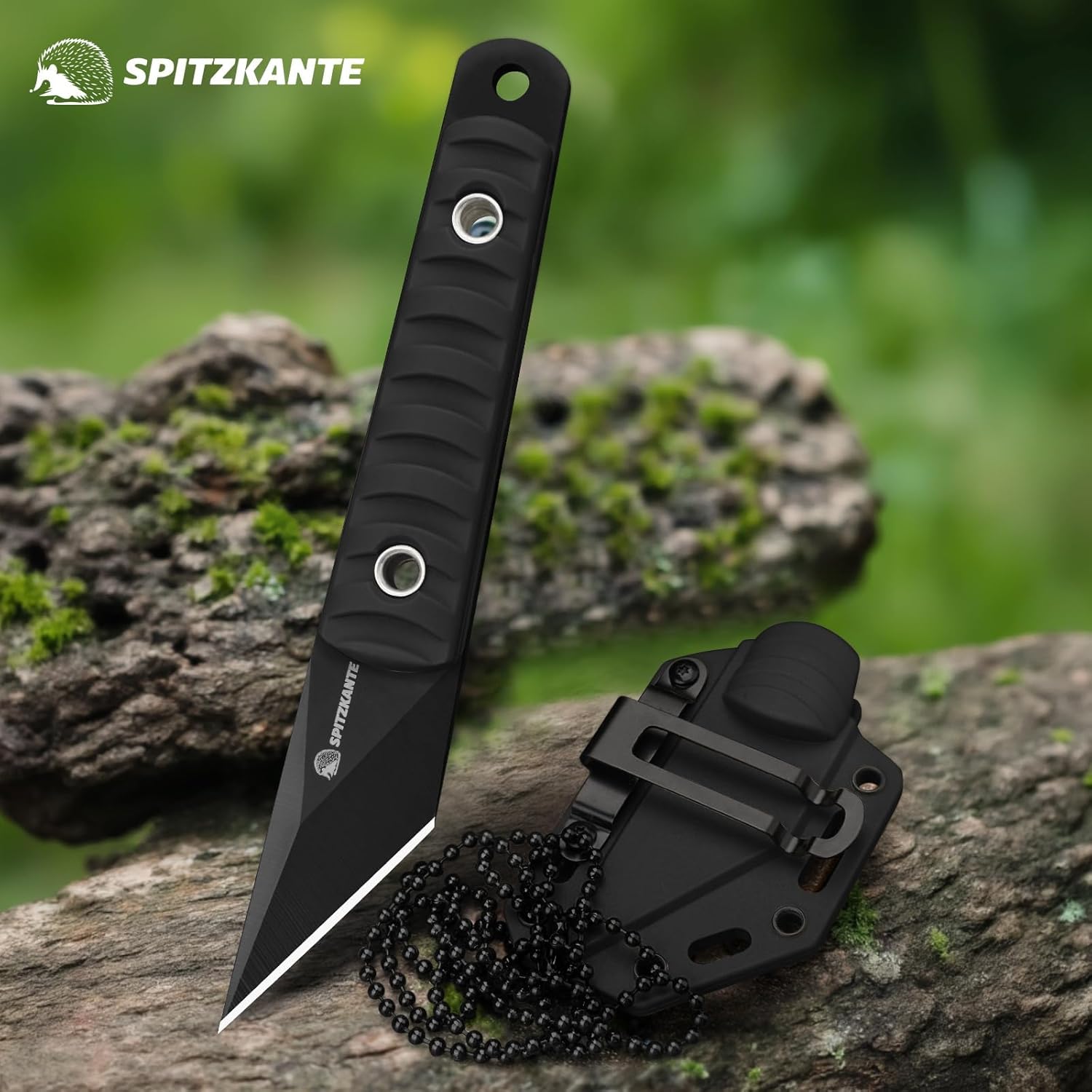 SPITZKANTE Supervivencia Cuchillo, Mini hoja cuchillo da 5,6?cm in maple 5Cr14MoV, with ABS base and string of balls, integral black color A- Integral black