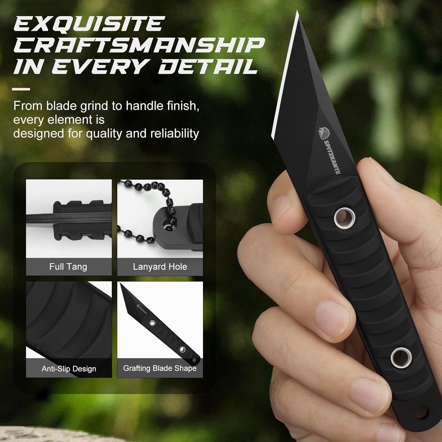 SPITZKANTE Supervivencia Cuchillo, Mini hoja cuchillo da 5,6?cm in maple 5Cr14MoV, with ABS base and string of balls, integral black color A- Integral black