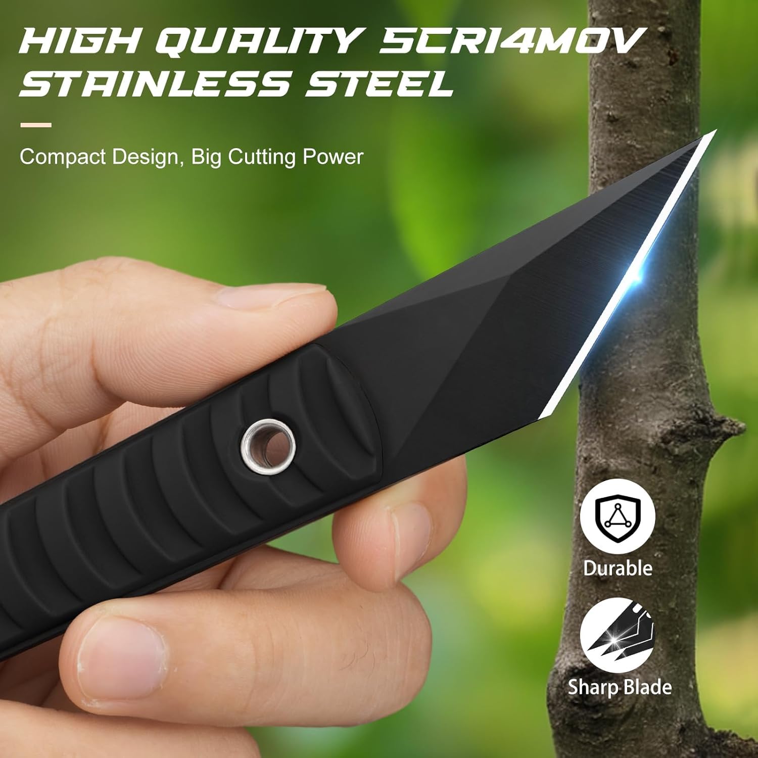 SPITZKANTE Supervivencia Cuchillo, Mini hoja cuchillo da 5,6?cm in maple 5Cr14MoV, with ABS base and string of balls, integral black color A- Integral black