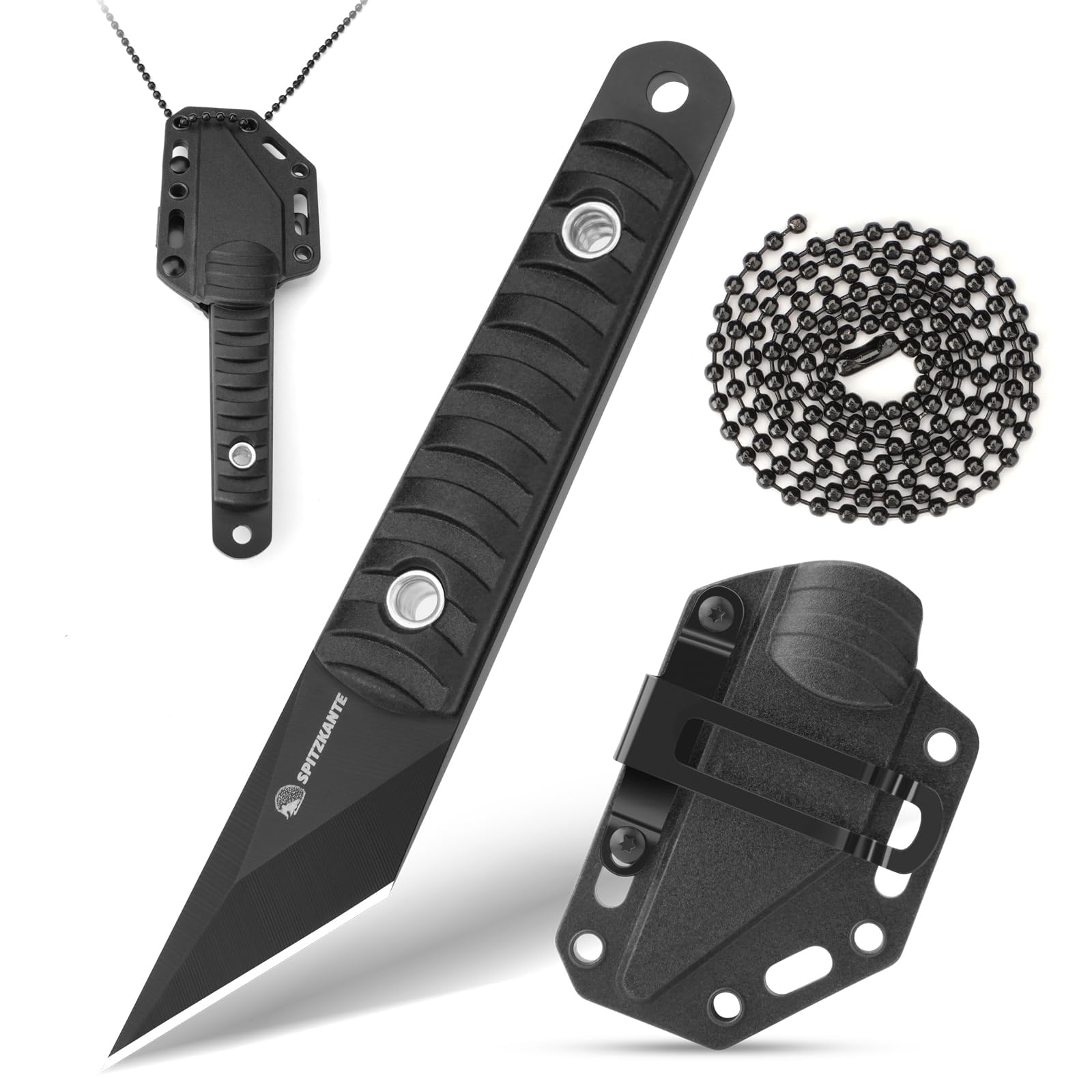 SPITZKANTE Supervivencia Cuchillo, Mini hoja cuchillo da 5,6?cm in maple 5Cr14MoV, with ABS base and string of balls, integral black color A- Integral black