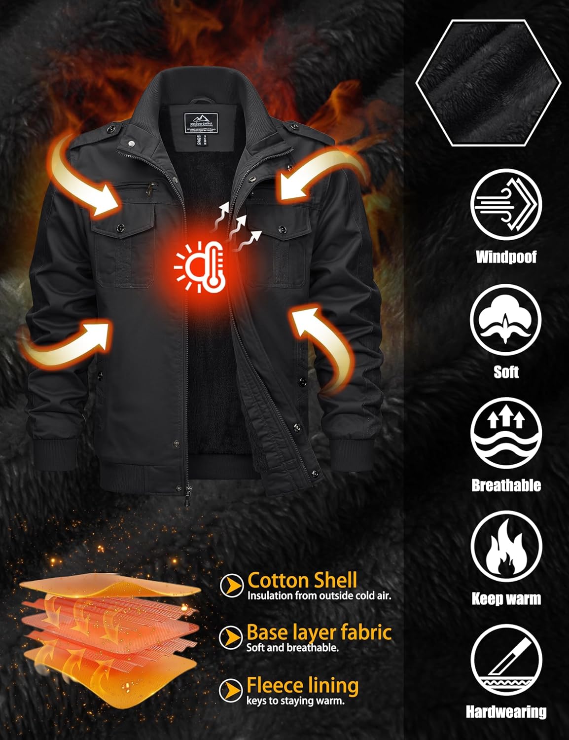 TACVASEN Men's Winter Military Jacket Casual Jacket Fleece Warm Stand Collar 3XL Black