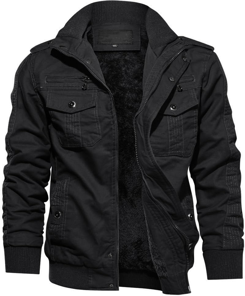 TACVASEN Men's Winter Military Jacket Casual Jacket Fleece Warm Stand Collar 3XL Black