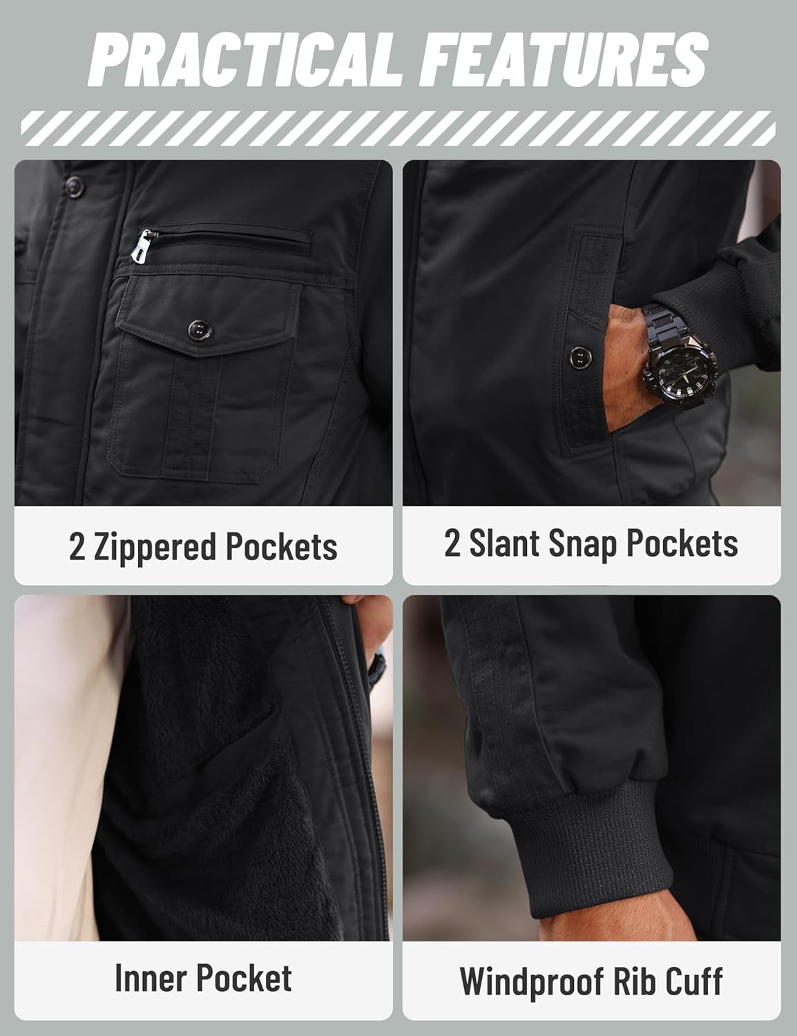 TACVASEN Men's Winter Military Jacket Casual Jacket Fleece Warm Stand Collar 3XL Black