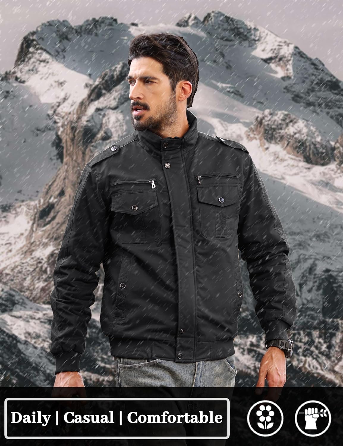 TACVASEN Men's Winter Military Jacket Casual Jacket Fleece Warm Stand Collar 3XL Black