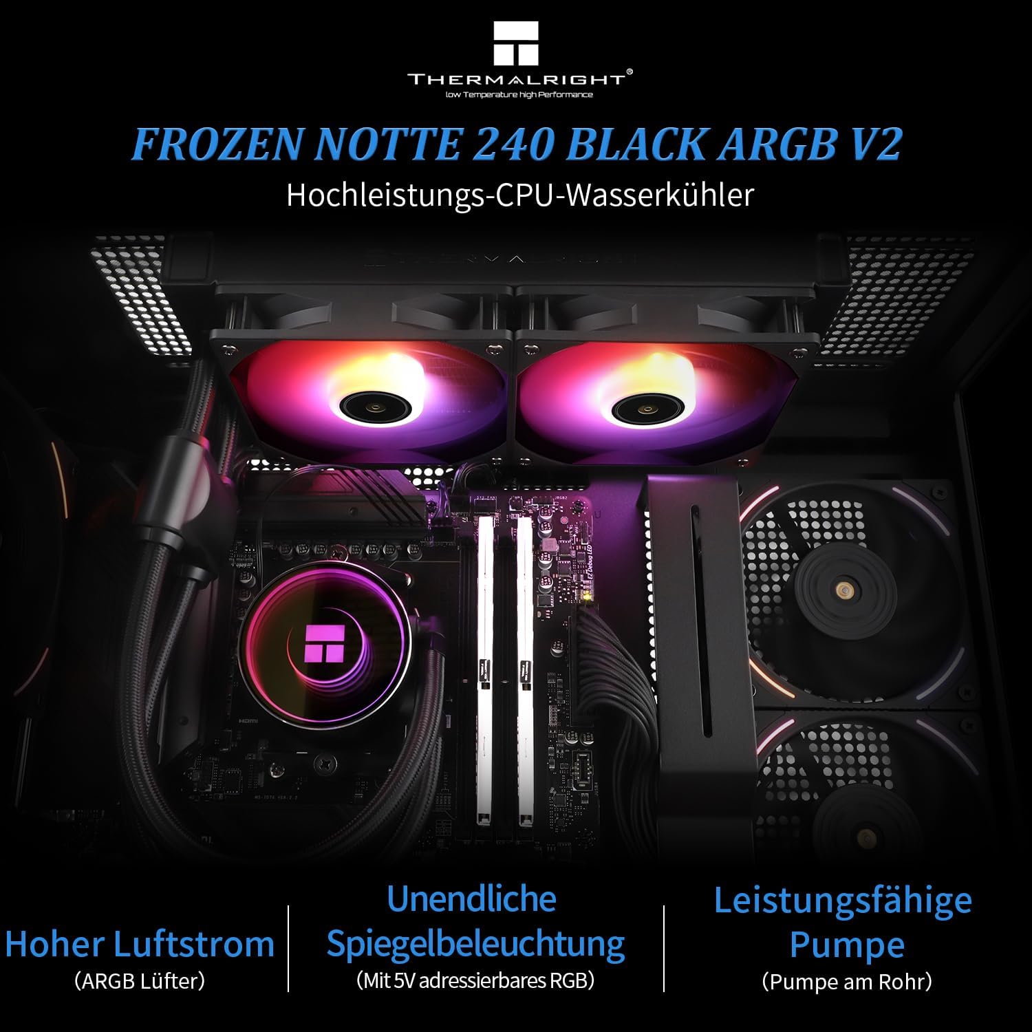 Thermalright Frozen Notte 240 BLACK ARGB Water Cooling CPU Cooler, 240 Black, Dual PWM Fan, S-FDB V2 Bearings, Suitable for AM/AM4 AM5, Intel LGA 1700/1150/1151/1200/2011