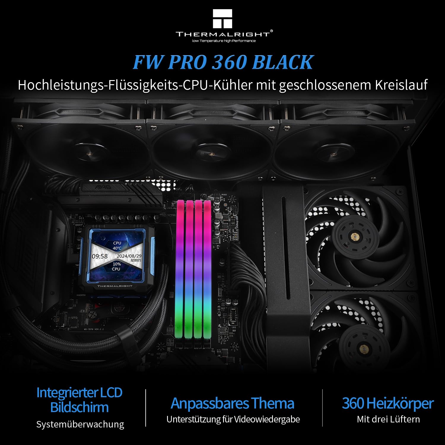 Thermalright FW PRO 360 Black for AIO CPU, 320 x 320 Resolution IPS LCD Screen, for AM5&Intel 1700/1851, Powerful Water Cooling with Display