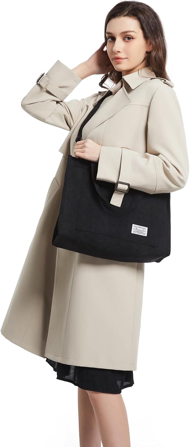 Tibroni Cord Tote Bag, Bag large bags bag, woman shoulder bag with lightning closure, casual retro shoulder strap, for work, travel, shopping (16 * 4.7 * 12in) xl-black