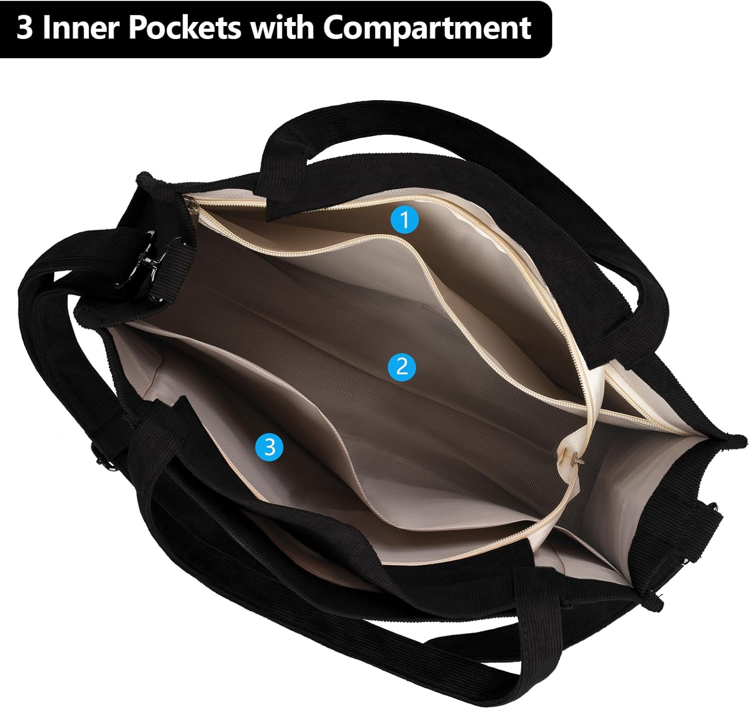 Tibroni Cord Tote Bag, Bag large bags bag, woman shoulder bag with lightning closure, casual retro shoulder strap, for work, travel, shopping (16 * 4.7 * 12in) xl-black