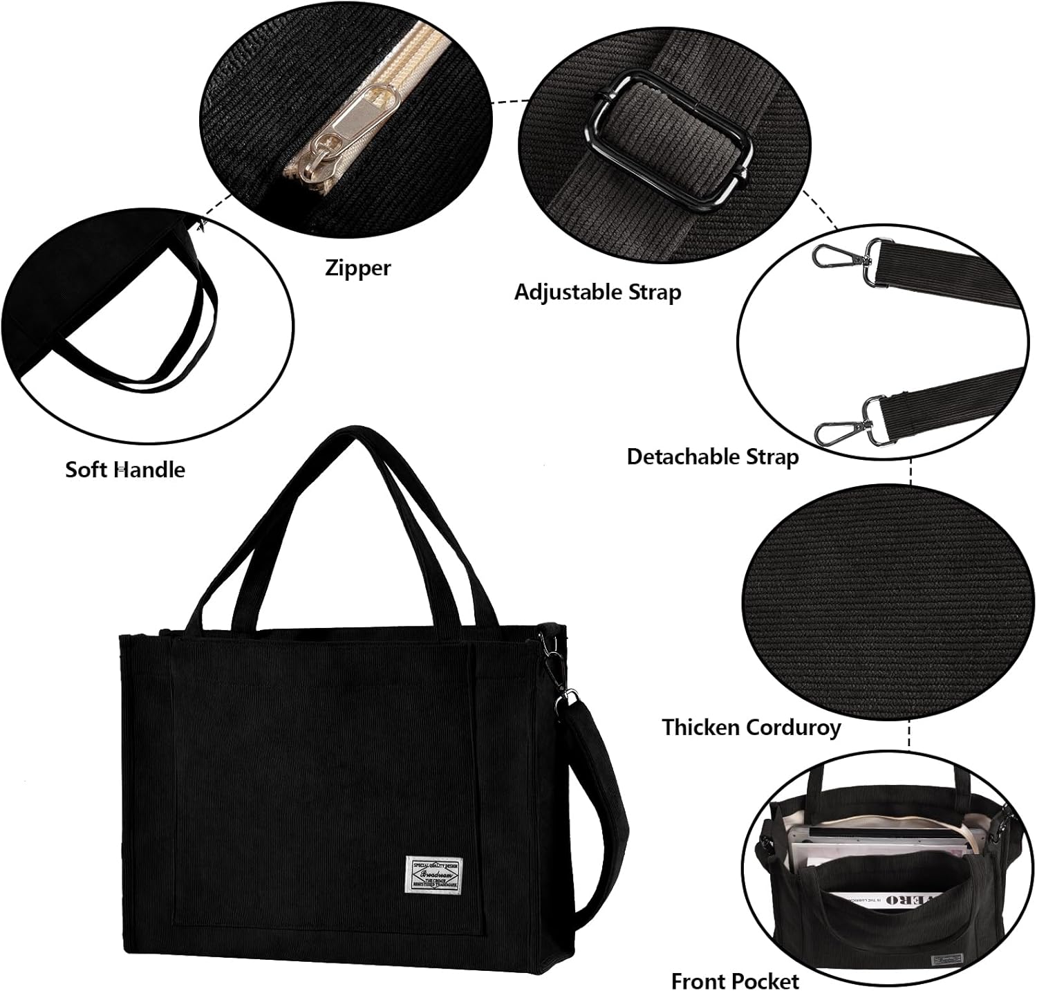 Tibroni Cord Tote Bag, Bag large bags bag, woman shoulder bag with lightning closure, casual retro shoulder strap, for work, travel, shopping (16 * 4.7 * 12in) xl-black