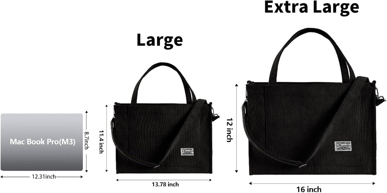 Tibroni Cord Tote Bag, Bag large bags bag, woman shoulder bag with lightning closure, casual retro shoulder strap, for work, travel, shopping (16 * 4.7 * 12in) xl-black