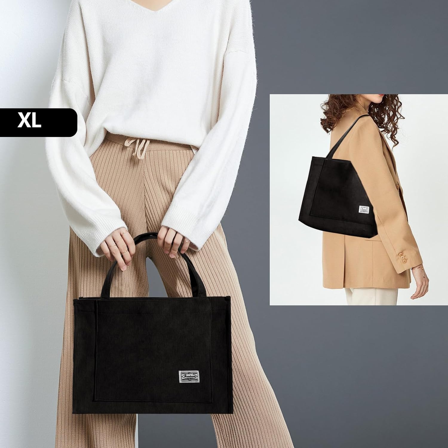 Tibroni Cord Tote Bag, Bag large bags bag, woman shoulder bag with lightning closure, casual retro shoulder strap, for work, travel, shopping (16 * 4.7 * 12in) xl-black