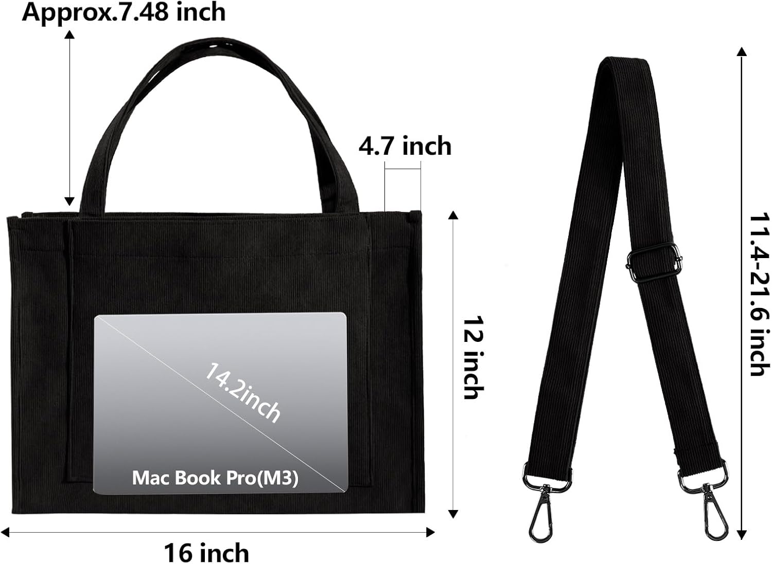 Tibroni Cord Tote Bag, Bag large bags bag, woman shoulder bag with lightning closure, casual retro shoulder strap, for work, travel, shopping (16 * 4.7 * 12in) xl-black