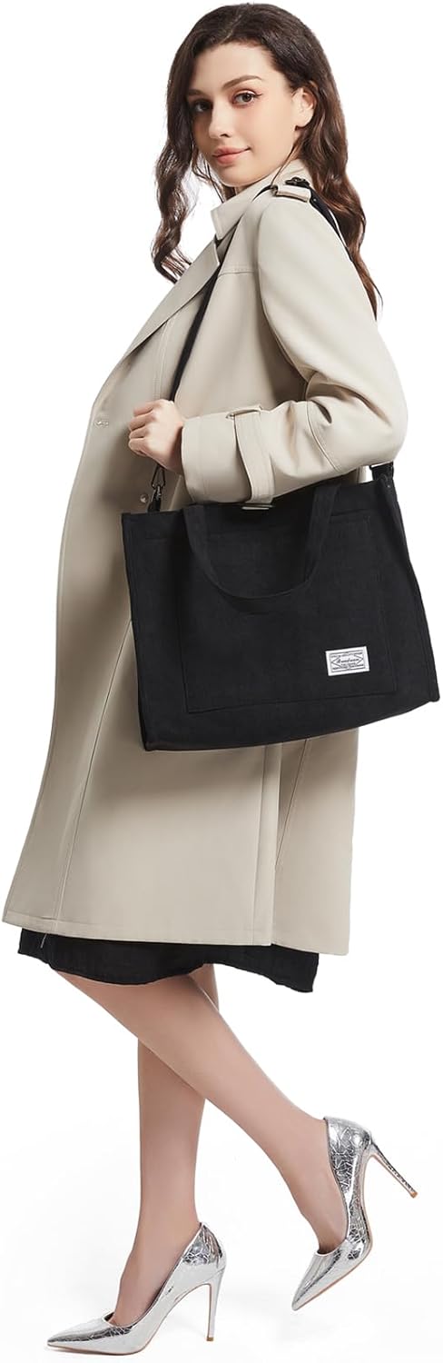 Tibroni Cord Tote Bag, Bag large bags bag, woman shoulder bag with lightning closure, casual retro shoulder strap, for work, travel, shopping (16 * 4.7 * 12in) xl-black