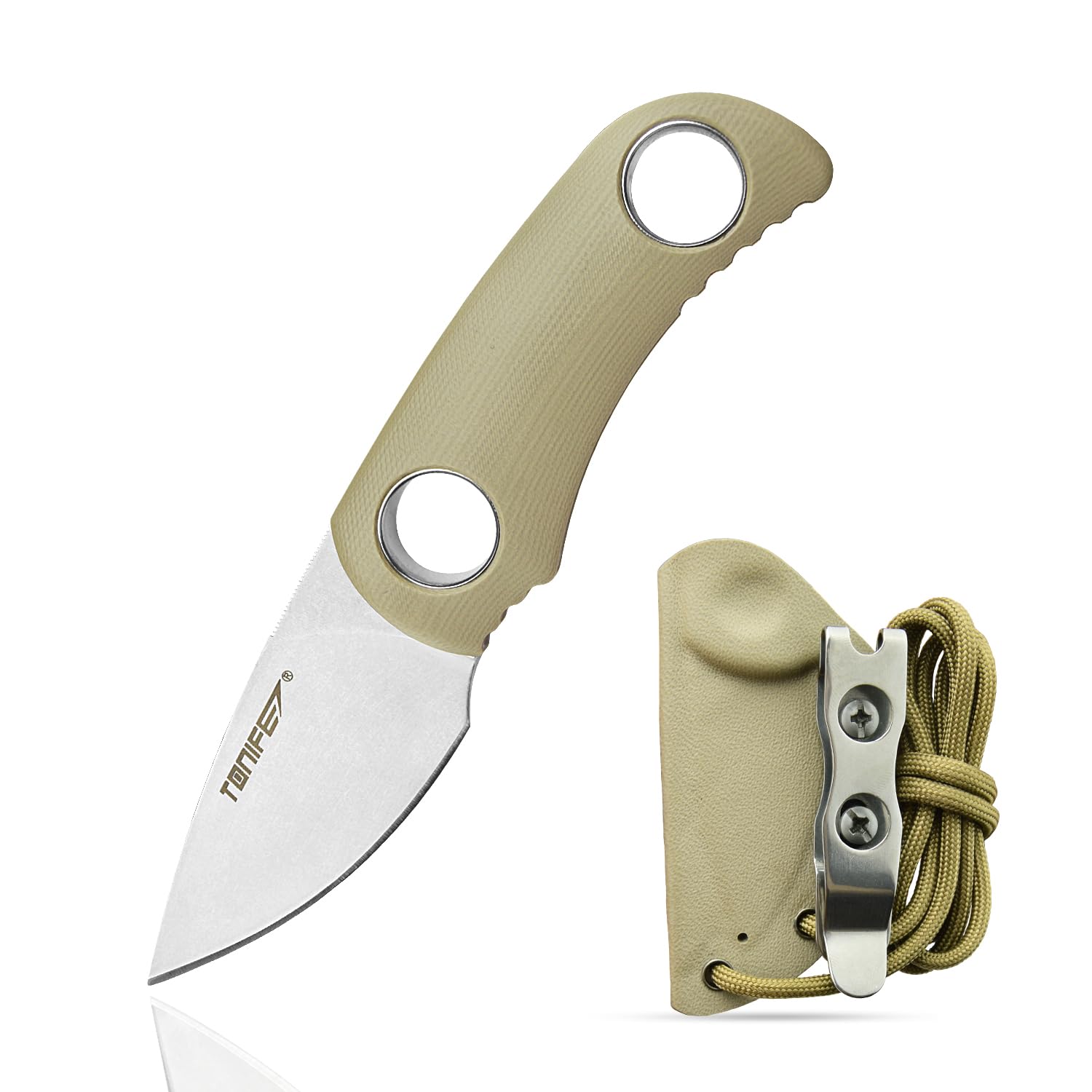 TONIFE Runer Full Tang Fixed Blade Camping Hunting Knife 4.7cm with Adjustable Kydex Sheath Easy to Carry with Paracord Lanyard for Outdoor, Survival and Bushcraft(Khaki)