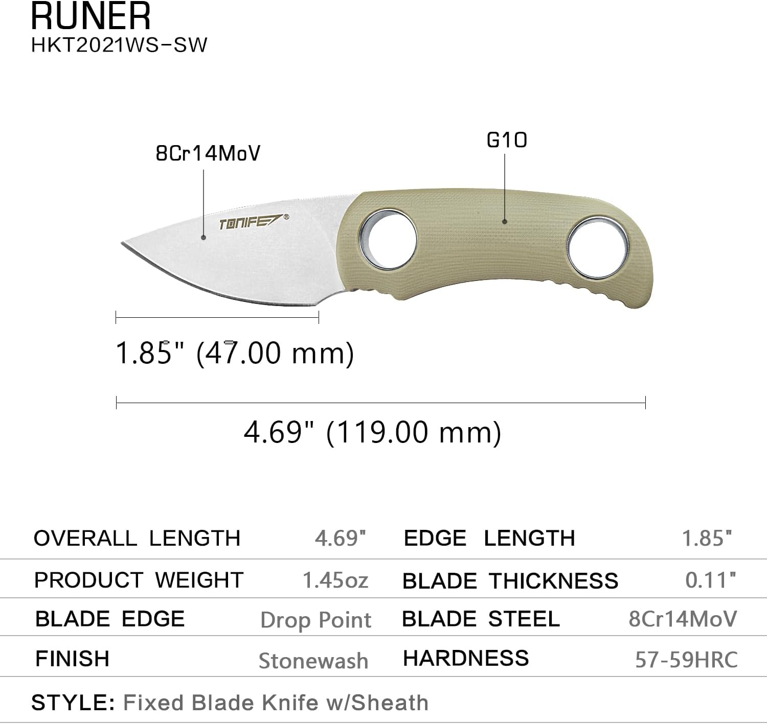 TONIFE Runer Full Tang Fixed Blade Camping Hunting Knife 4.7cm with Adjustable Kydex Sheath Easy to Carry with Paracord Lanyard for Outdoor, Survival and Bushcraft(Khaki)