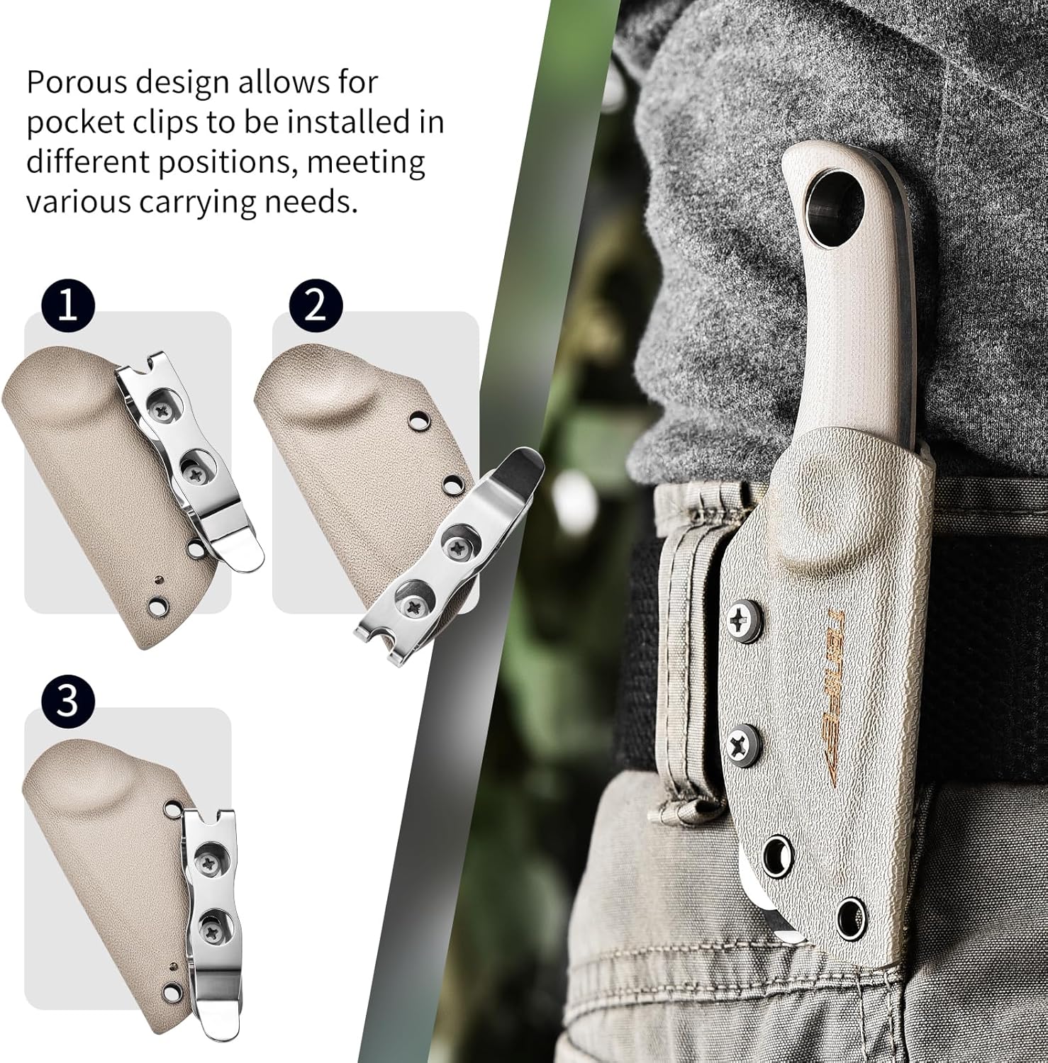 TONIFE Runer Full Tang Fixed Blade Camping Hunting Knife 4.7cm with Adjustable Kydex Sheath Easy to Carry with Paracord Lanyard for Survival (Hot Sand+Gary Titanium)