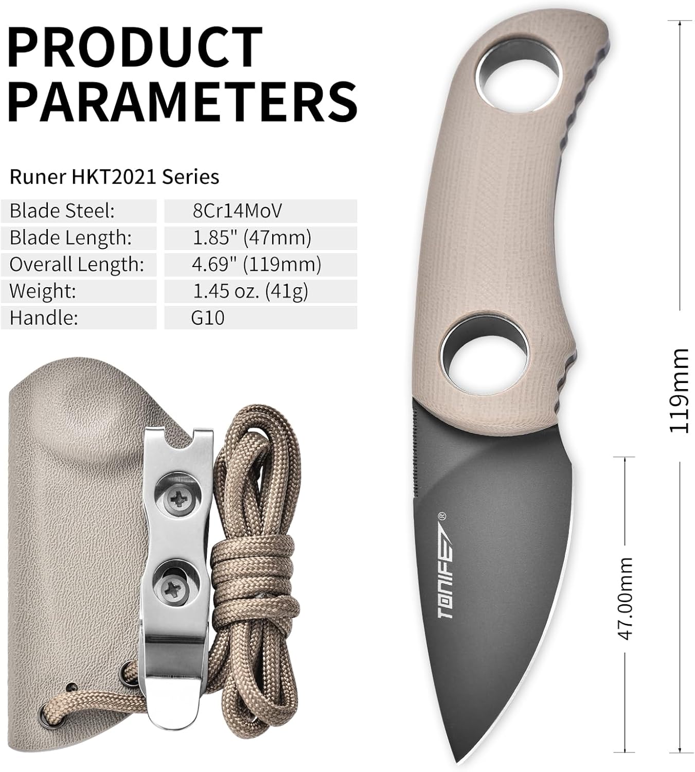 TONIFE Runer Full Tang Fixed Blade Camping Hunting Knife 4.7cm with Adjustable Kydex Sheath Easy to Carry with Paracord Lanyard for Survival (Hot Sand+Gary Titanium)